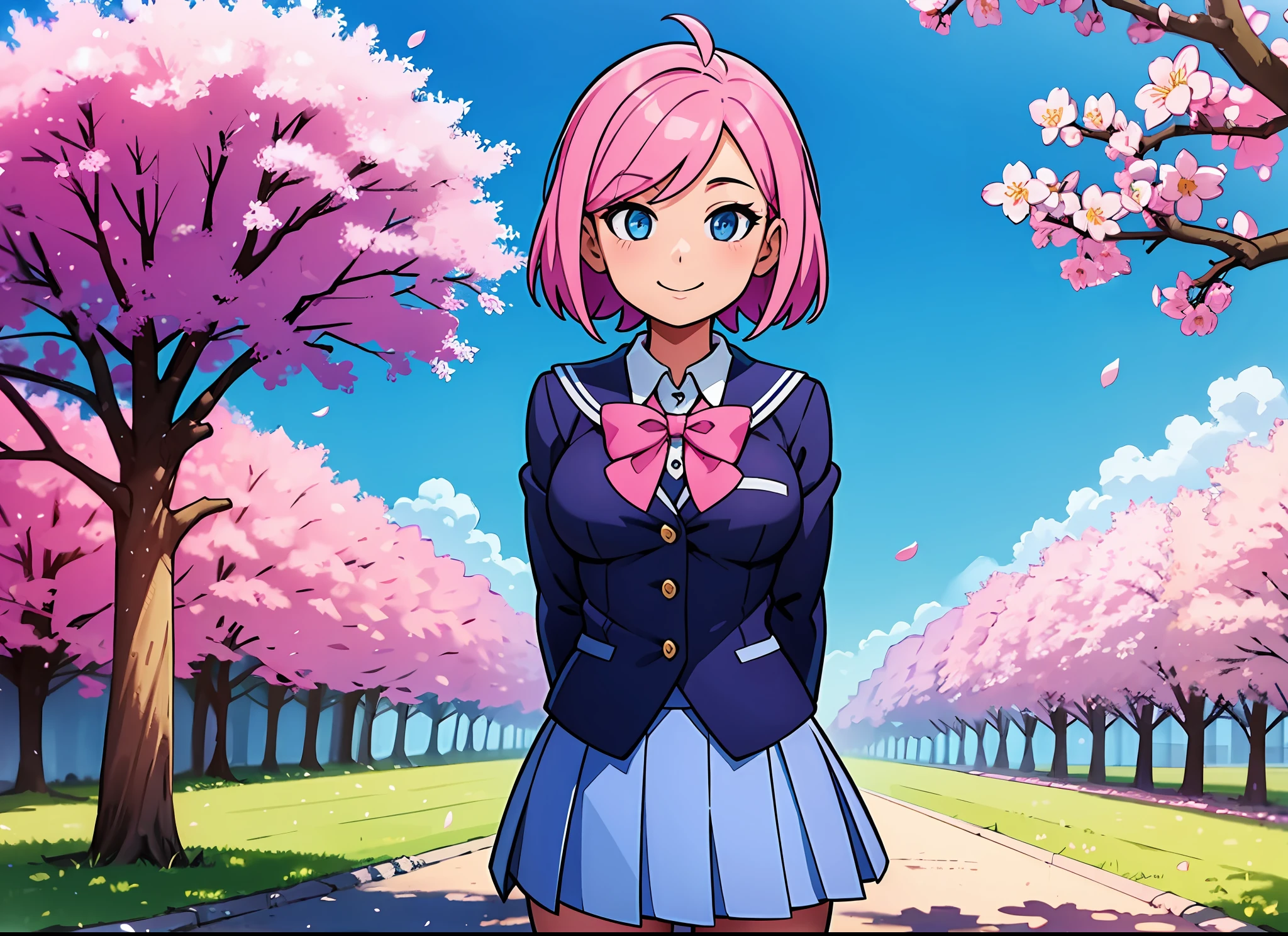 schoolgirl, pink hair, small breasts, (wide hips:1.2), standing, smile, school uniform, blue miniskirt, hands at sides, looking at viewer, outside, near tree, arms behind back, (road:0.6), pov, looking at viewer, facing viewer, perfect eyes, blue eyes, cherry blossom