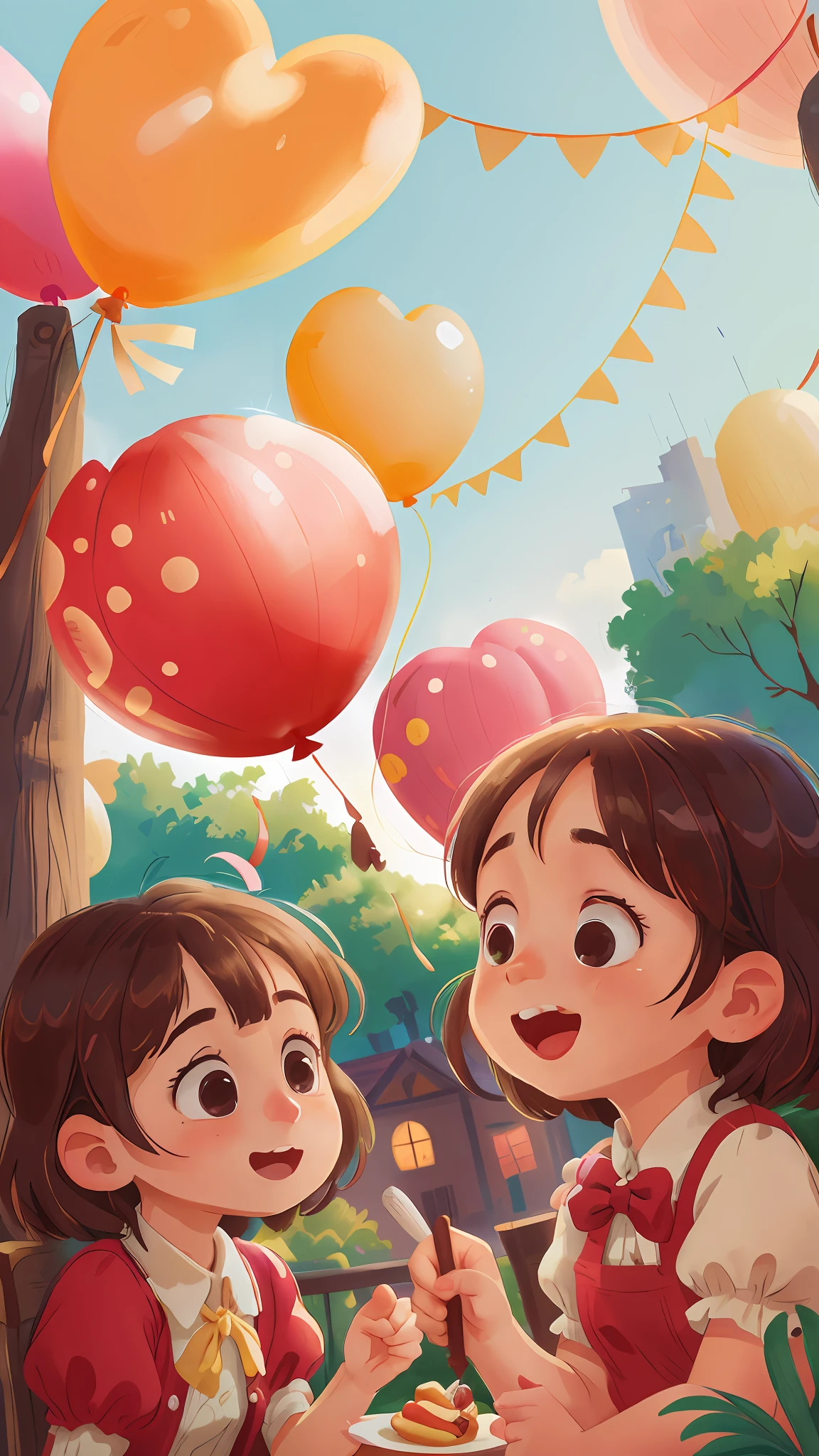 Two girls, gourmet restaurant, lots of balloons, happy, happy, perfect quality, clear focus (clutter - home: 0.8), (masterpiece: 1.2) (realism: 1.2) (bokeh) (best quality) (detailed skin: 1.3) (intricate details) (8K) (detail eyes) (sharp focus), (happy)