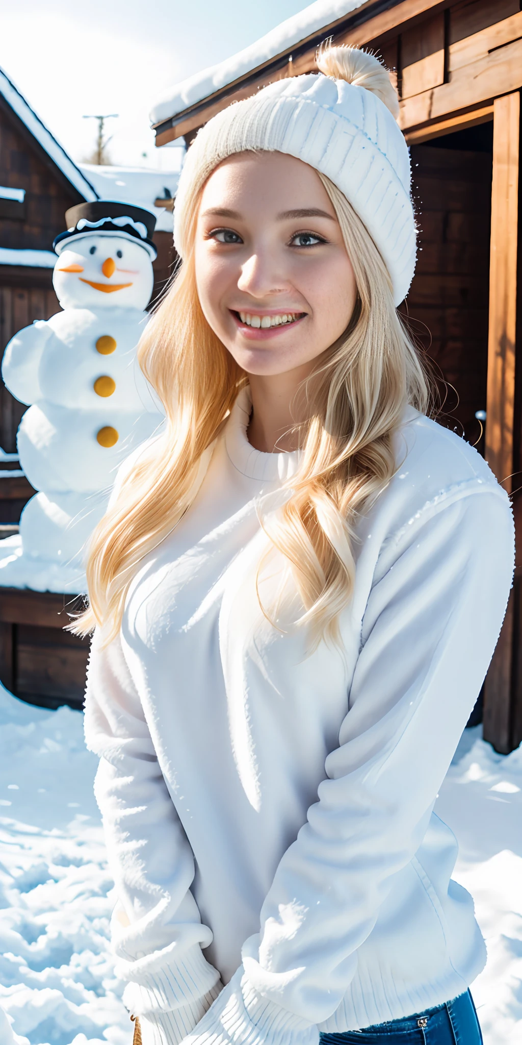 FRW, Very detailed CG Unity 8k wallpaper, a cute 23 year old cute blonde Polish woman, silky skin, rosy cheeks, a beautiful blonde girl, a wonderful blonde goddess, hot blonde maiden, big breasts, blue eyes, pale skin (a masterpiece, beautiful person, well detailed face polluted smile, photorealistic, hyperrealistic), white cold clothes, fuzzy white cap, White blouse, wearing white gloves, tight jeans, posing next to a snowman looking toward the camera on a snowy street (blue open sky), and smiling (light lighting).