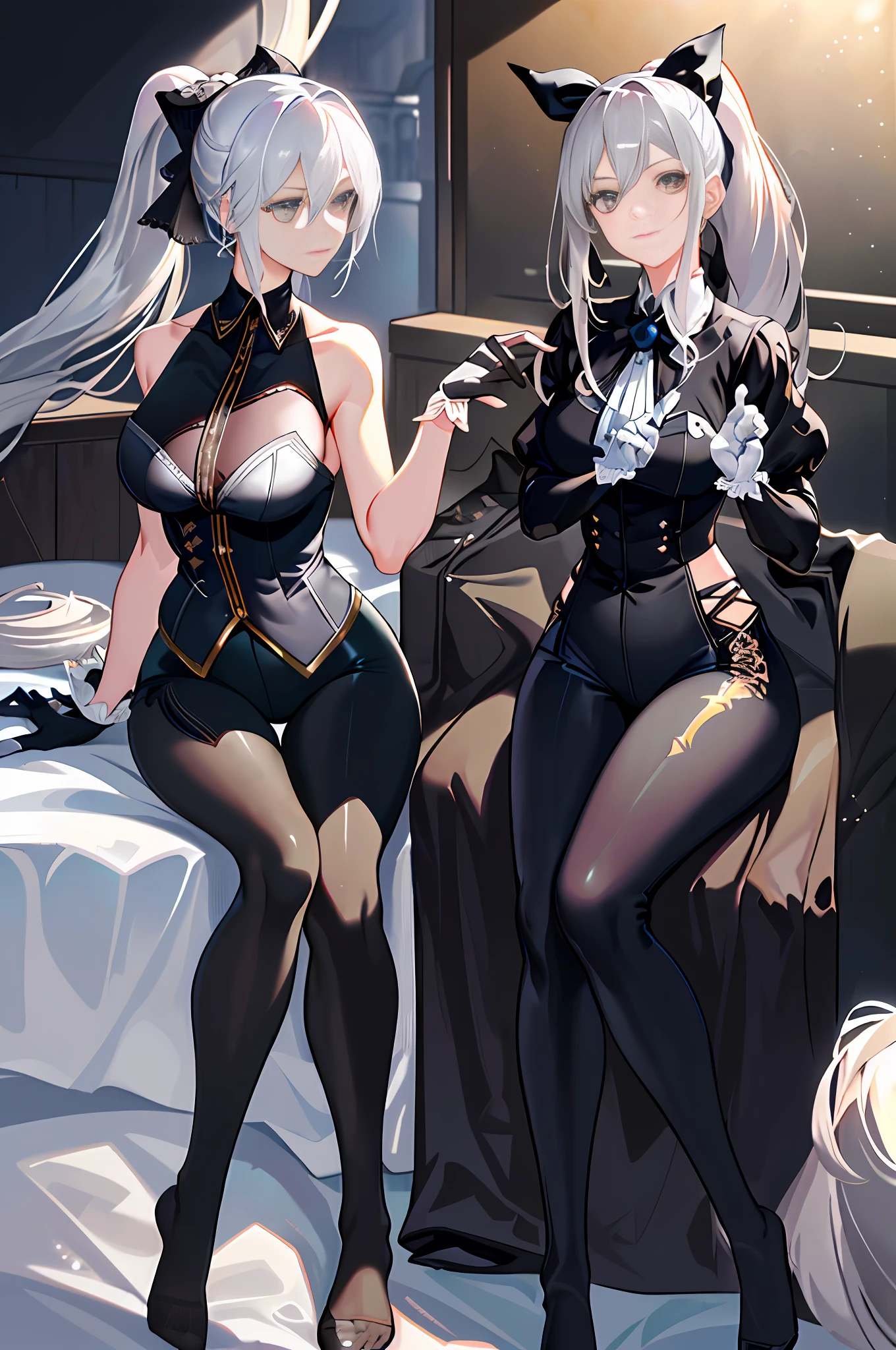 (((1 girl))),ray tracing, (dim light), [realistic] ((detailedbackground(bedroom))), (((silver hair)), (girl with unkempt silver hair, plump and slim high ponytail)))) In the ominous bedroom, avoid their golden eyes, (((and the girls wearing intricate embroidered black high-waisted pants with pantyhose and white frayed bow gloves)) because the girls sit together very intimately in touch with each other to show off their delicate slim bodies and graceful curvy, correct limbs and fingers.