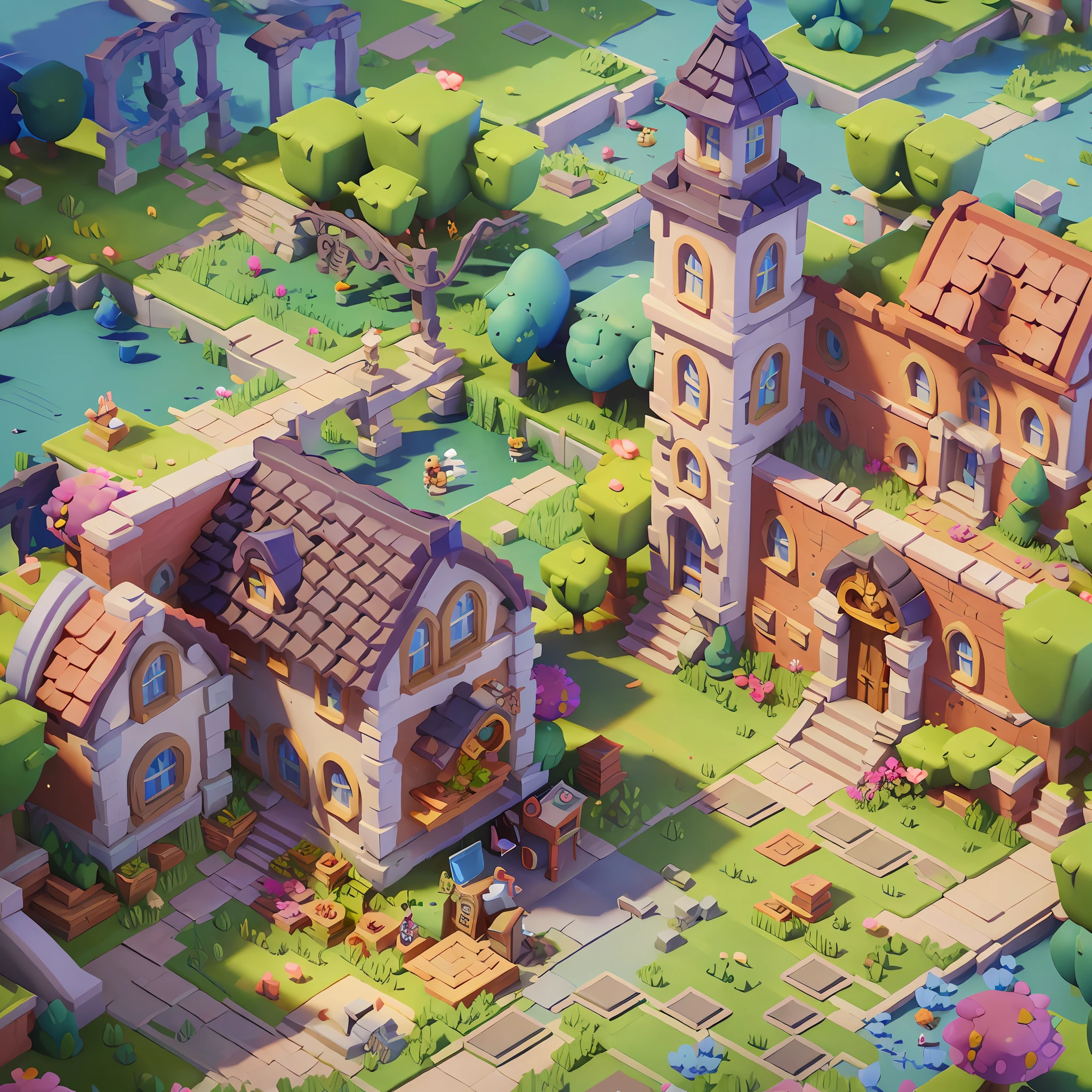 Game architectural design, cartoon, town, stone, brick, meadow, river, flowers, casual game style, 3d, blender, masterpiece, super detail, best quality