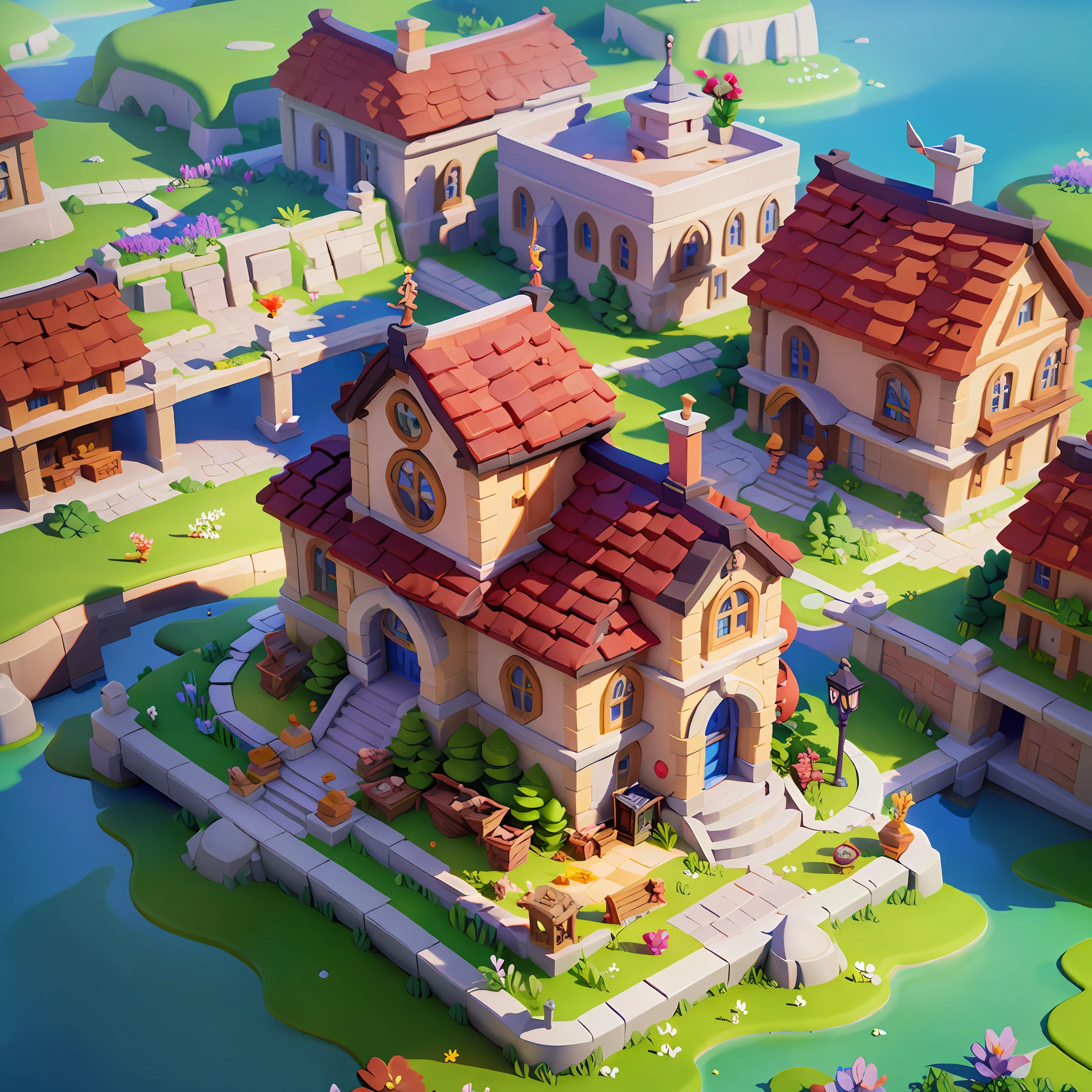 Game architectural design, cartoon, town, stone, brick, meadow, river, flowers, casual game style, 3d, blender, masterpiece, super detail, best quality