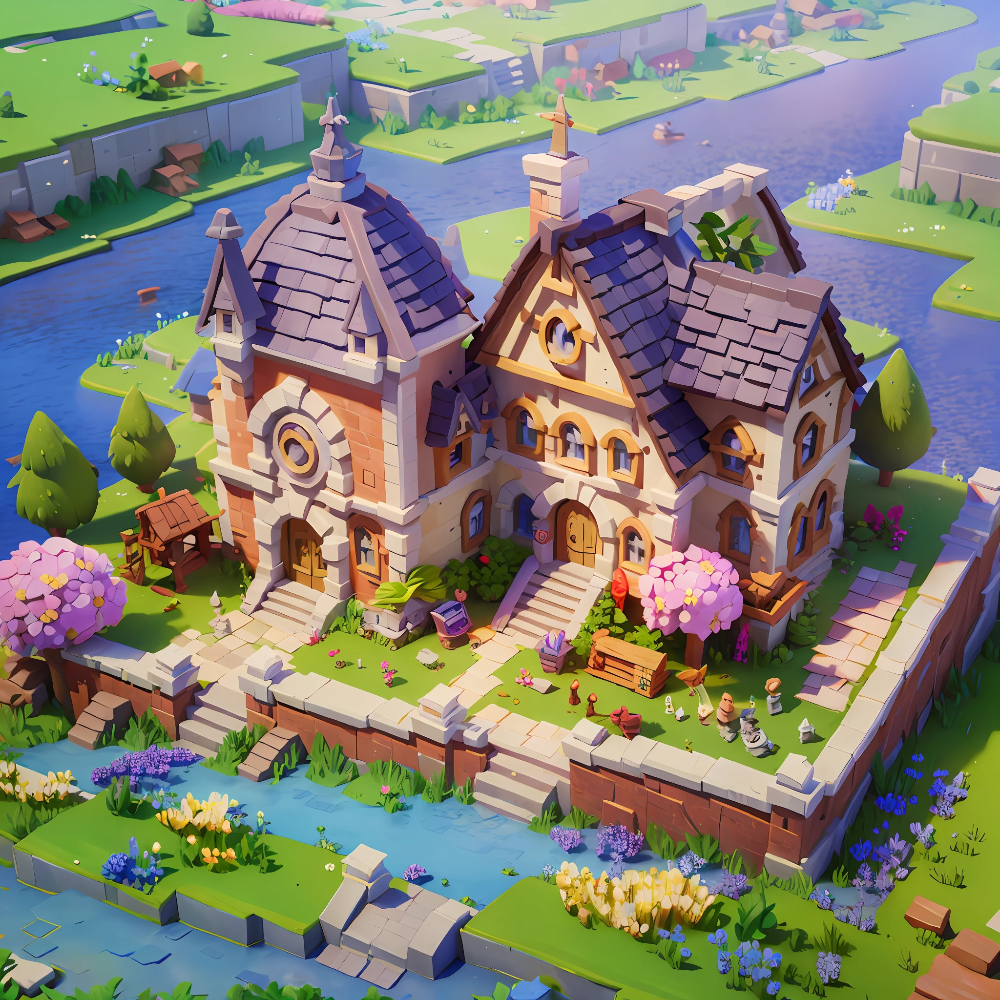 Game architectural design, cartoon, town, stone, brick, meadow, river, flowers, casual game style, 3d, blender, masterpiece, super detail, best quality