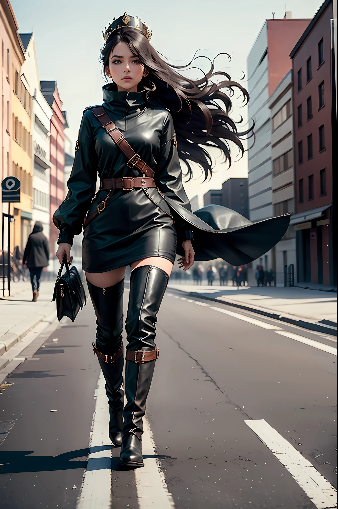 Beautiful woman walking with hair in the wind with boots black clothes Crown