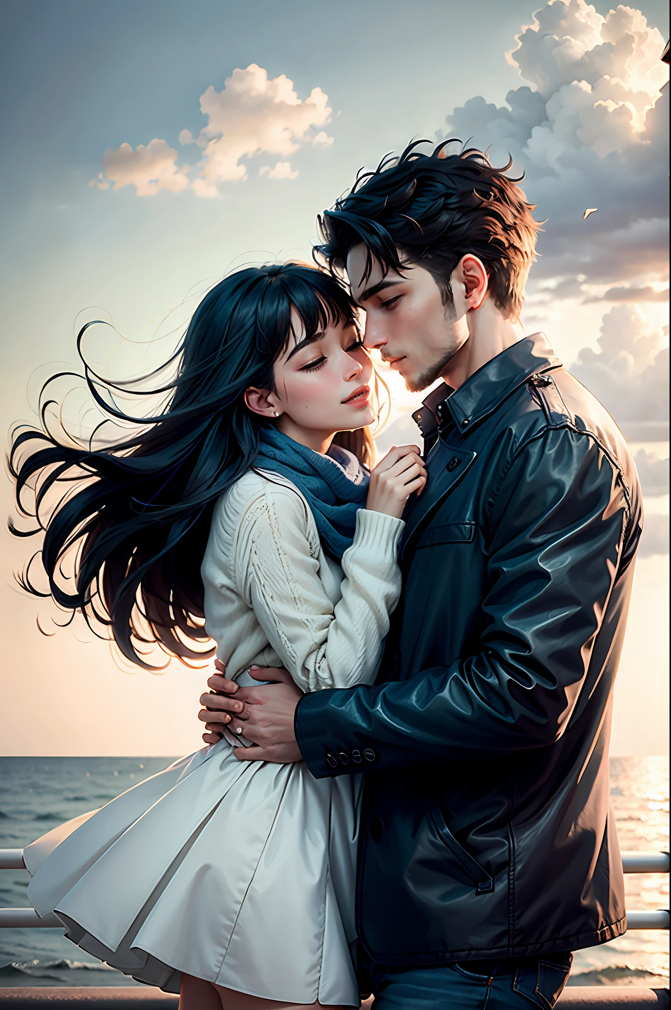 Romantic couple kissing in the classic wind