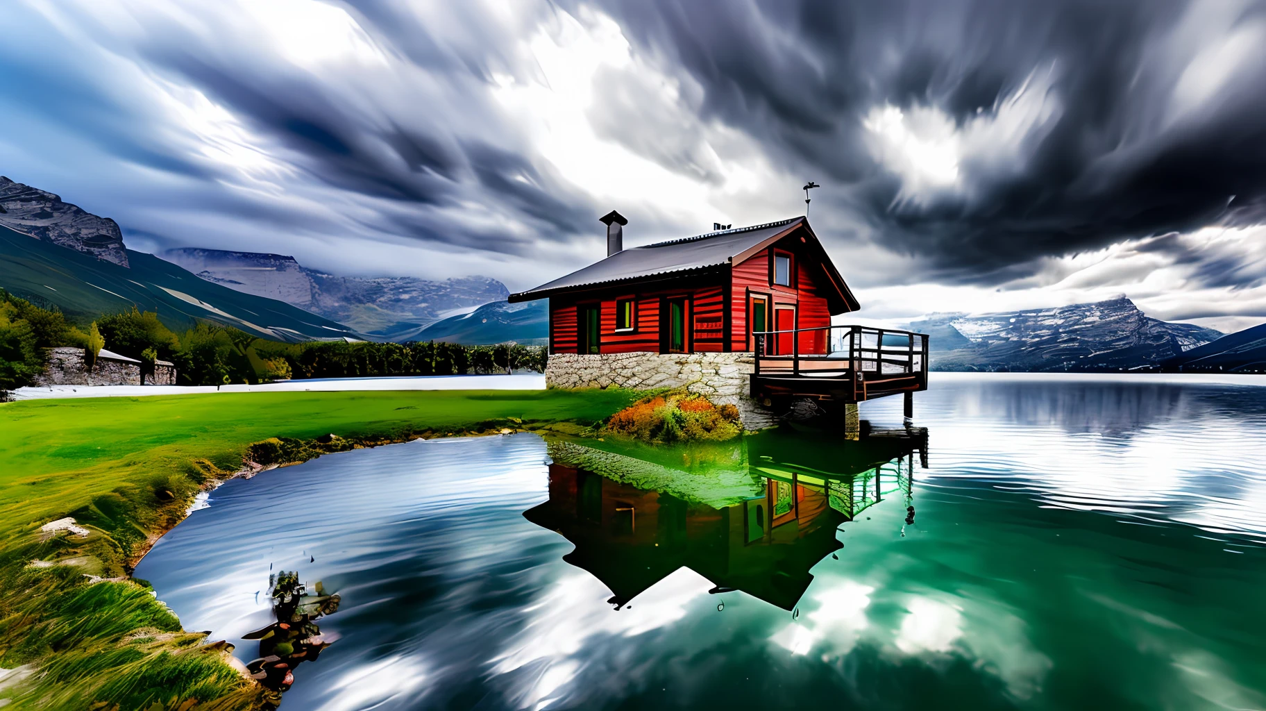 A small house surrounded by the lake, beautiful clouds, moutain, raining atmosphere, RAW photo, realistic, reflection light, UHD, award winning, super detail, high details, 16k