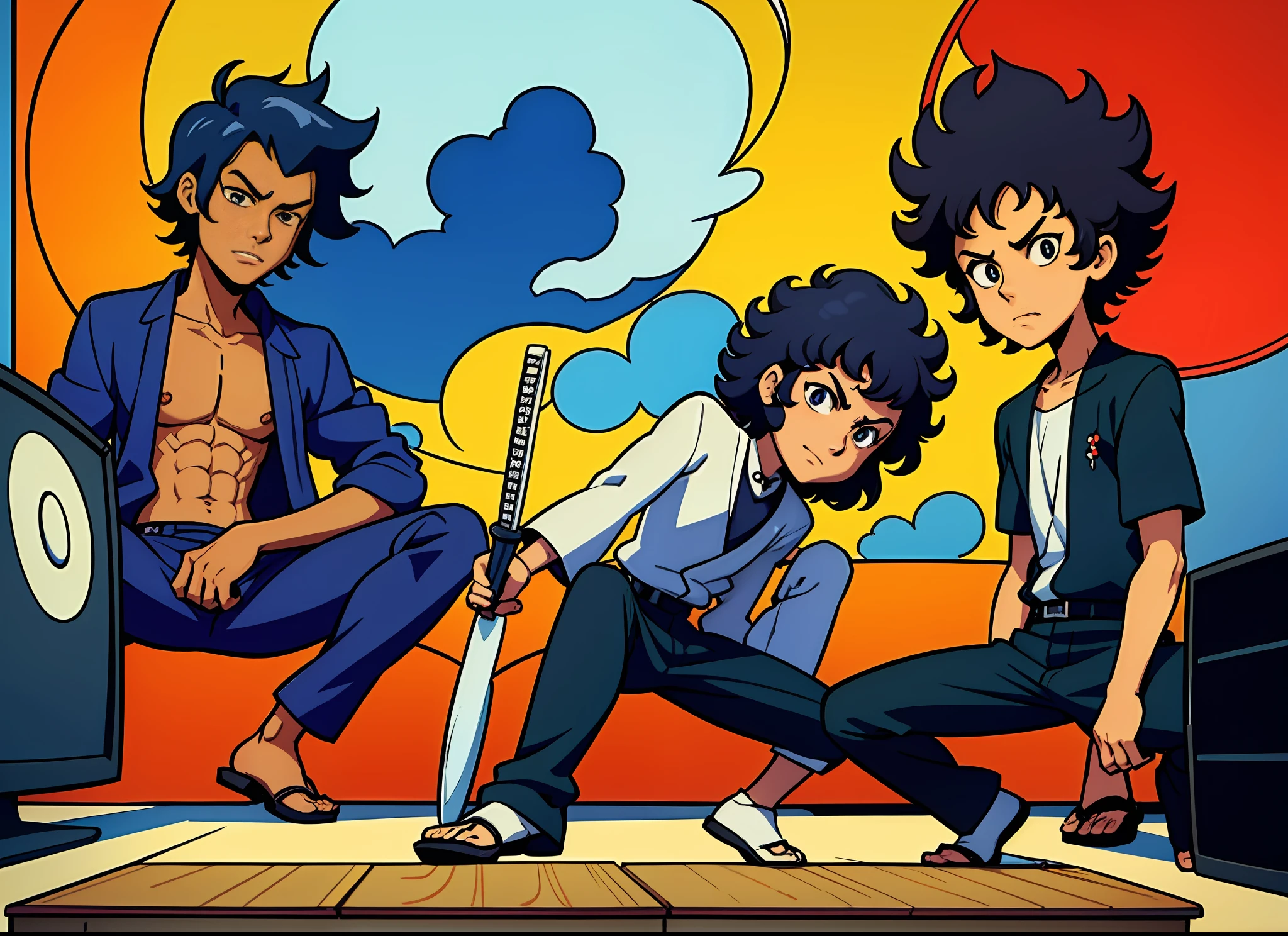 cartoon of two young boys standing in front of a television, anime style”, cartoon style, in cartoon style, afro samurai anime style, sirius a and sirius b, they are very serious, thugs, afro samurai animes style, cute cartoon style, cartoon art style, fujita goro and jones, childish, afro samurai style, :14 80s anime style