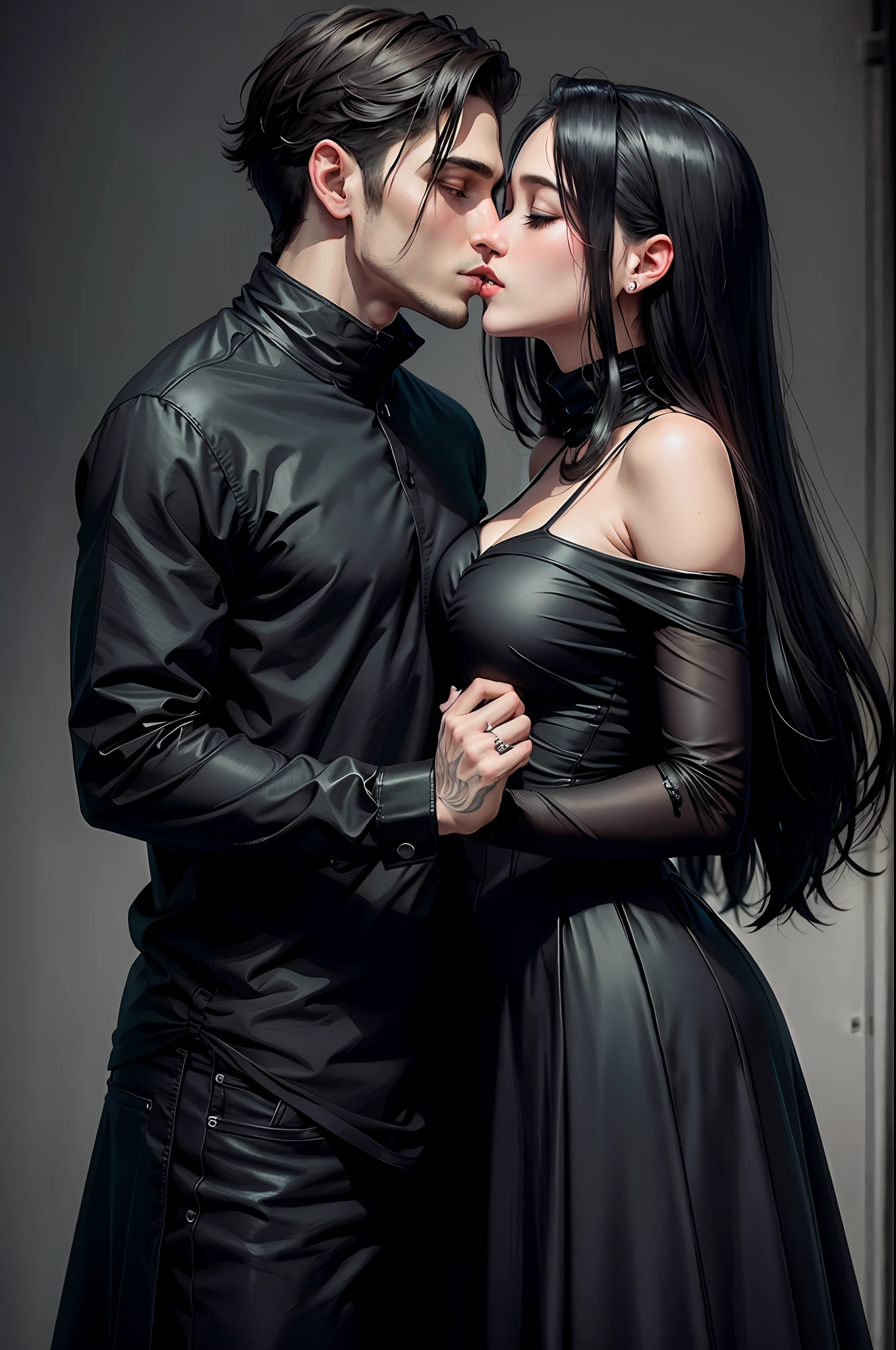 Romantic couple kissing with black clothes