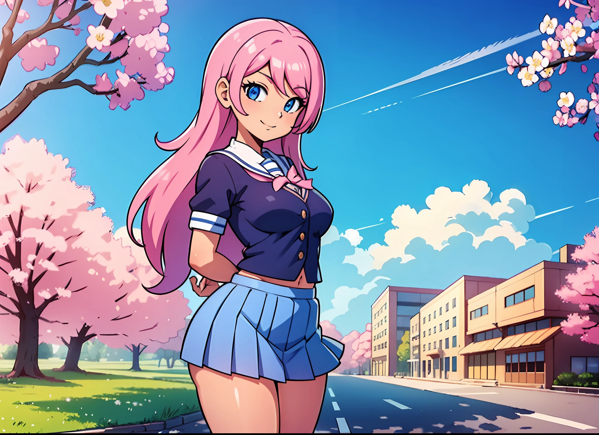 schoolgirl, pink hair, small breasts, (wide hips:1.2), standing, smile, school uniform, blue miniskirt, hands at sides, looking at viewer, outside, near tree, arms behind back, (road:0.6), pov, looking at viewer, facing viewer, perfect eyes, blue eyes, cherry blossom