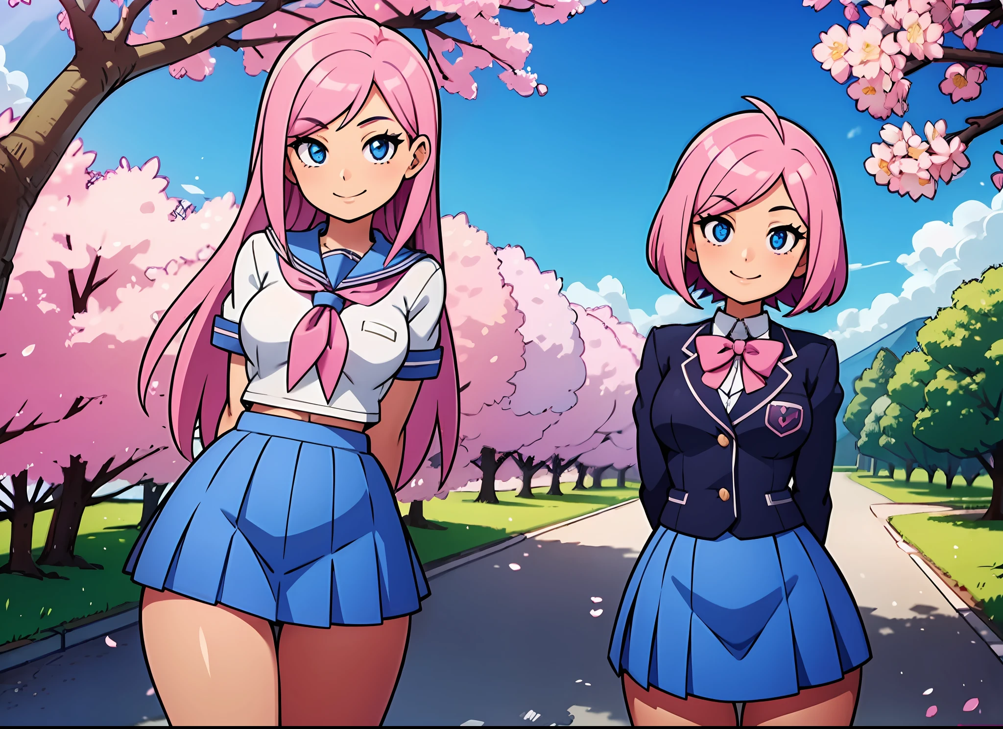 schoolgirl, pink hair, small breasts, (wide hips:1.2), standing, smile, school uniform, blue miniskirt, hands at sides, looking at viewer, outside, near tree, arms behind back, (road:0.6), pov, looking at viewer, facing viewer, perfect eyes, blue eyes, cherry blossom