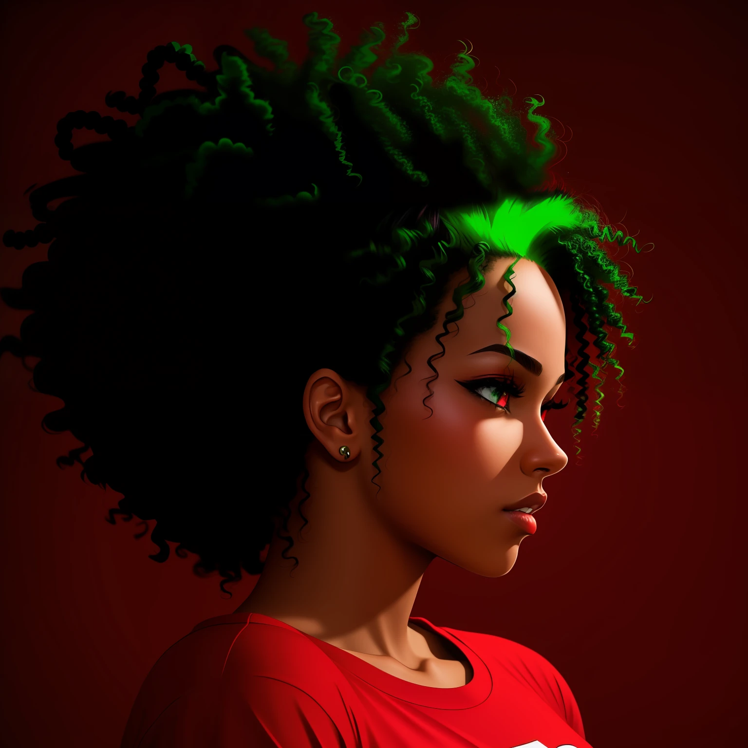 A young mulatto woman, intense red eyes, curly green hair, red T-shirt. RPG style
