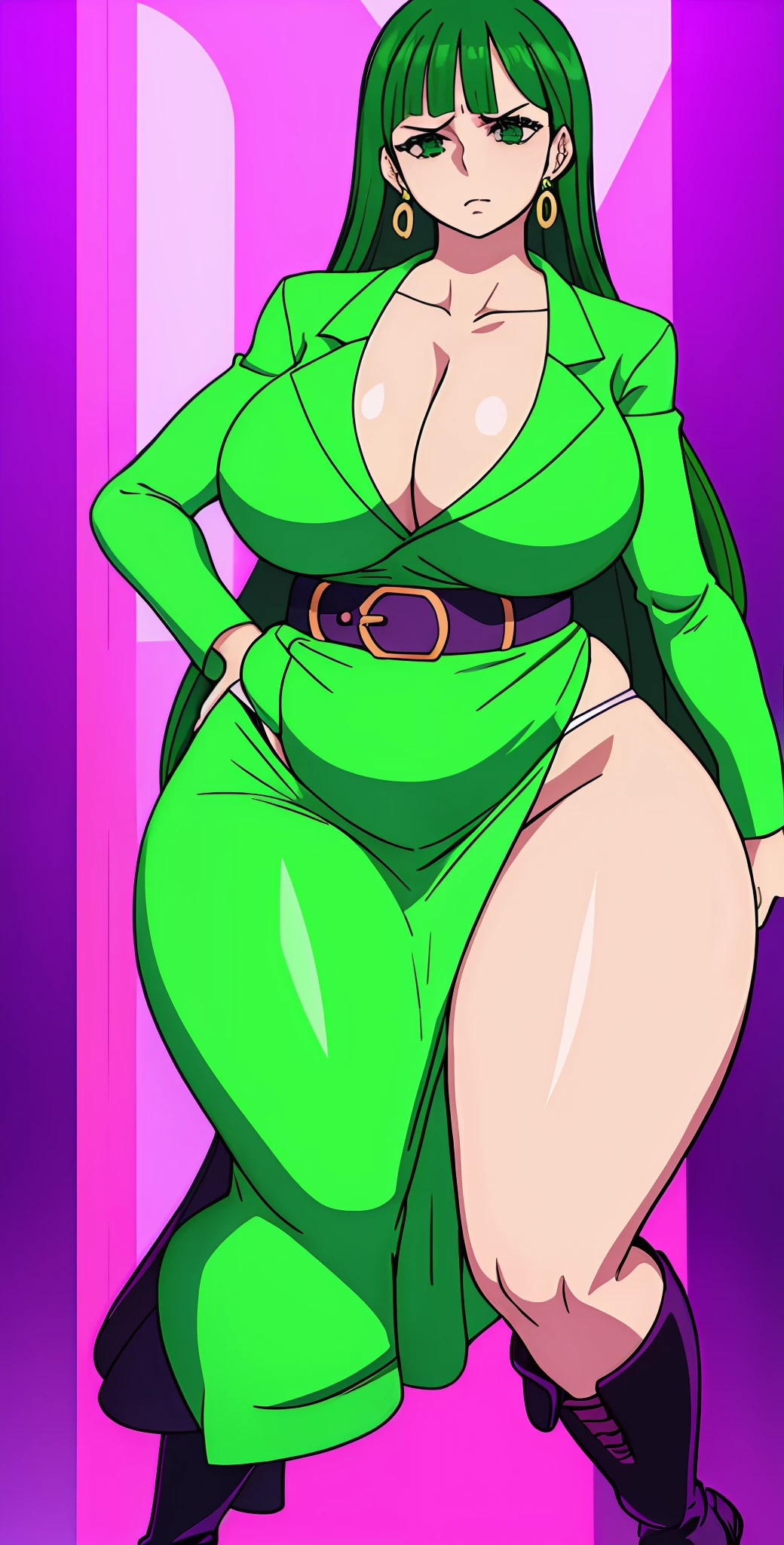 1 girl, super wide hips, super large butt, thicc, green skirt, white belt, purple boots, purple jacket, long green hair, green earrings, super large breasts, masterpiece, green eyes, dark green hair, highres, super large thighs, ass focus, thicc ass, super large hips, One Piece, sinister expression, curvy, panties