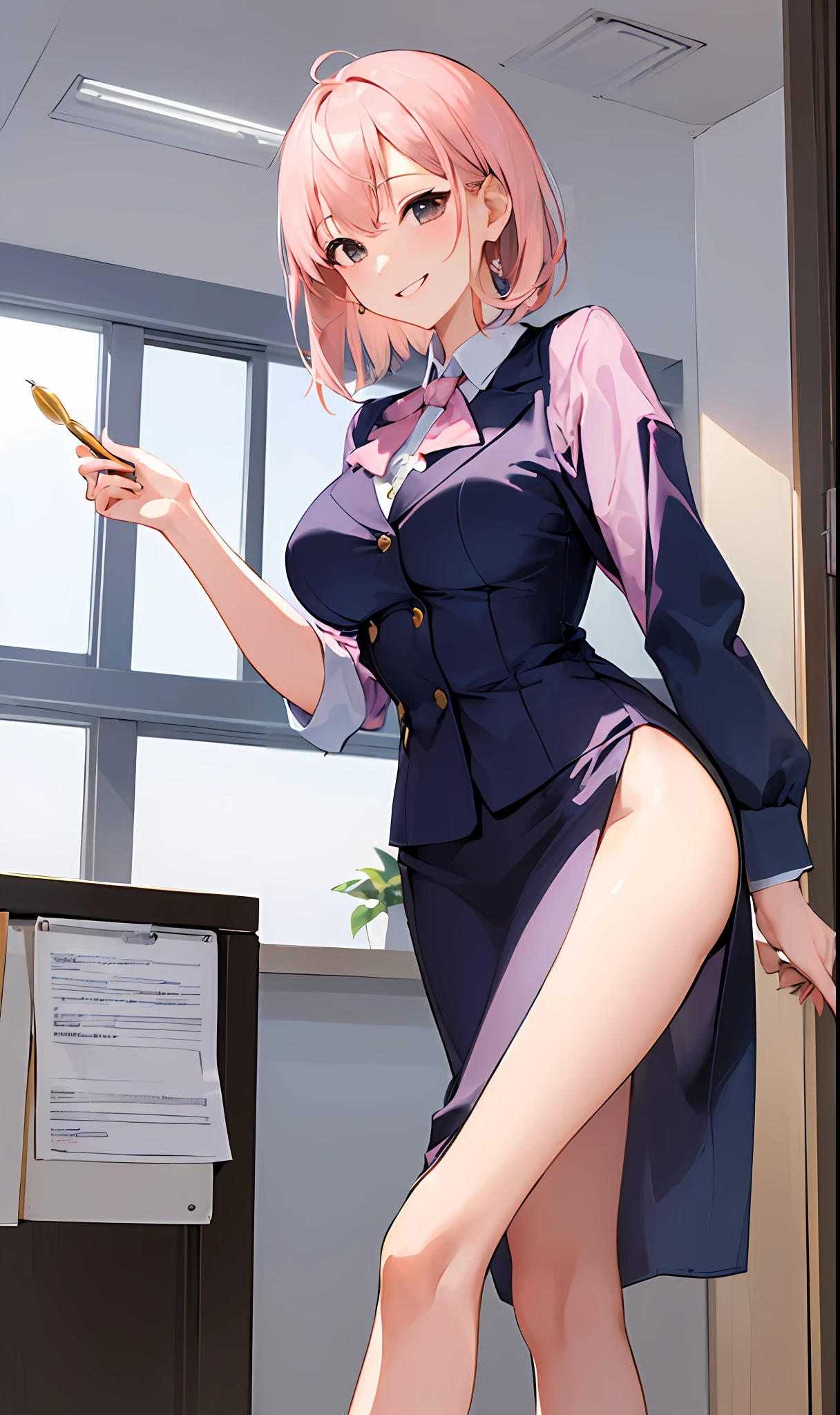 ((masterpiece, best)), (1girl), (mature woman), light pink hair, trumpet, ((office lady), bangs, mid-breasted, (full), slim, smile, [wide hips], office, standing, aru \ (blue file),