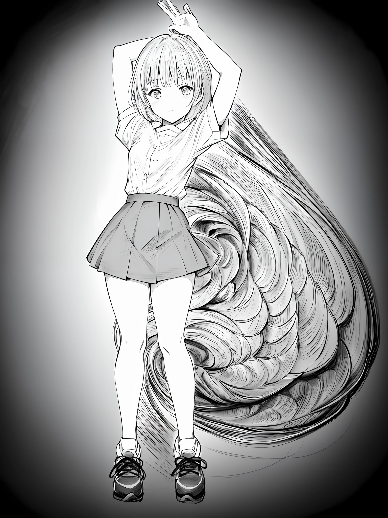 a drawing of a girl in a short skirt and a shirt, clean anime outlines, anime pose, small curvy loli, thick line art, anime full body illustration, line sketch!!, full body portrait of a short!, perfect lineart, thick outlines, various pose, clean lineart, simple lineart, outline sketch, casual pose, full body character drawing