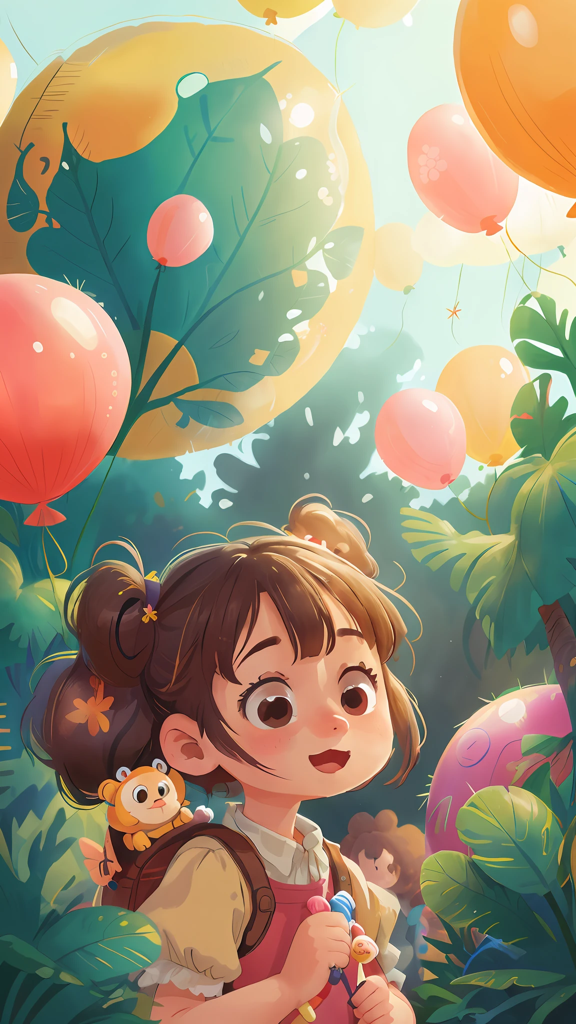A girl with a zoo, many balloons, happy, happy, perfect quality, clear focus (clutter-home: 0.8), (masterpiece: 1.2) (Realistic: 1.2) (Bokeh) (Best quality) (Detailed skin: 1.3) (Intricate details) (8K) (Detail eyes) (Sharp focus), (Happy)