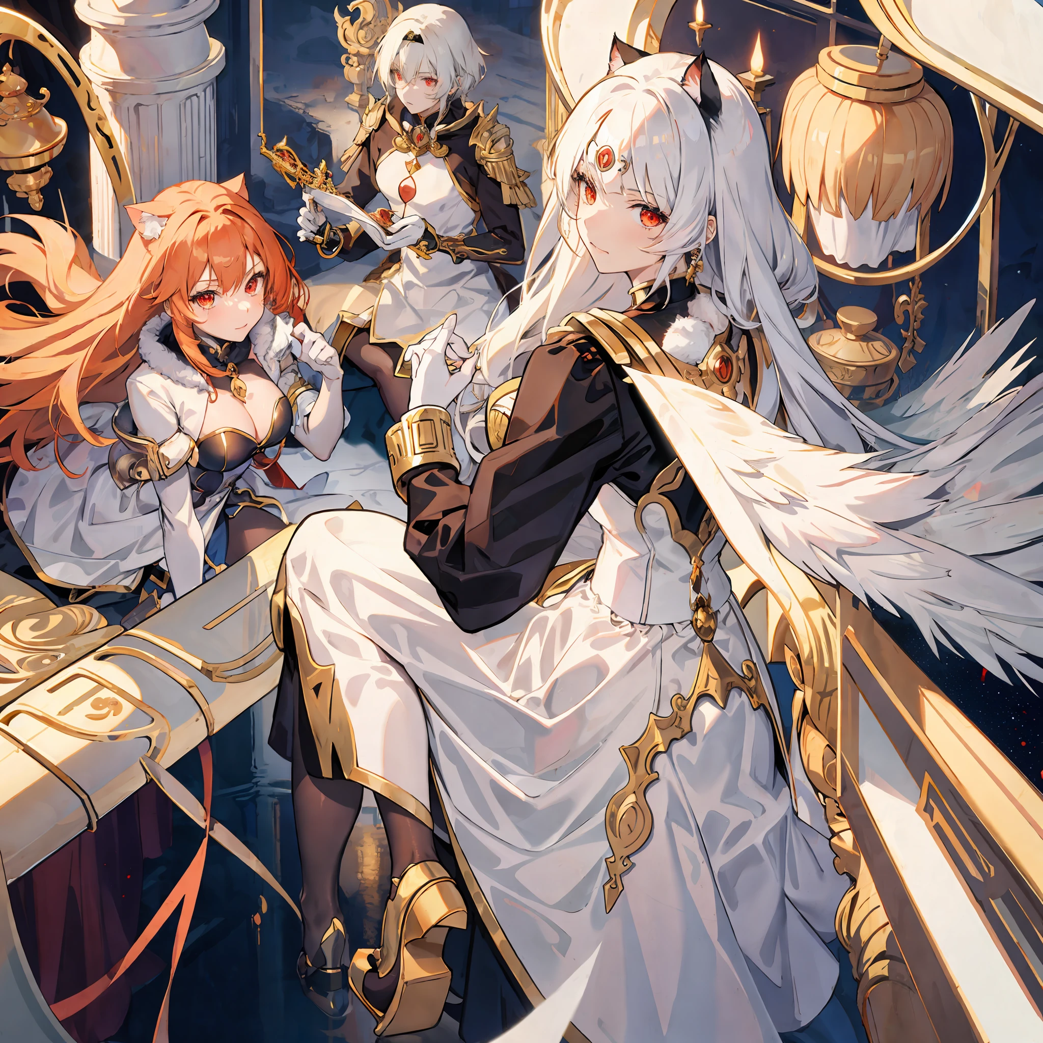 Cat girl, demi-human, beautiful, golden hair, red eyes, anime, pose on white temple