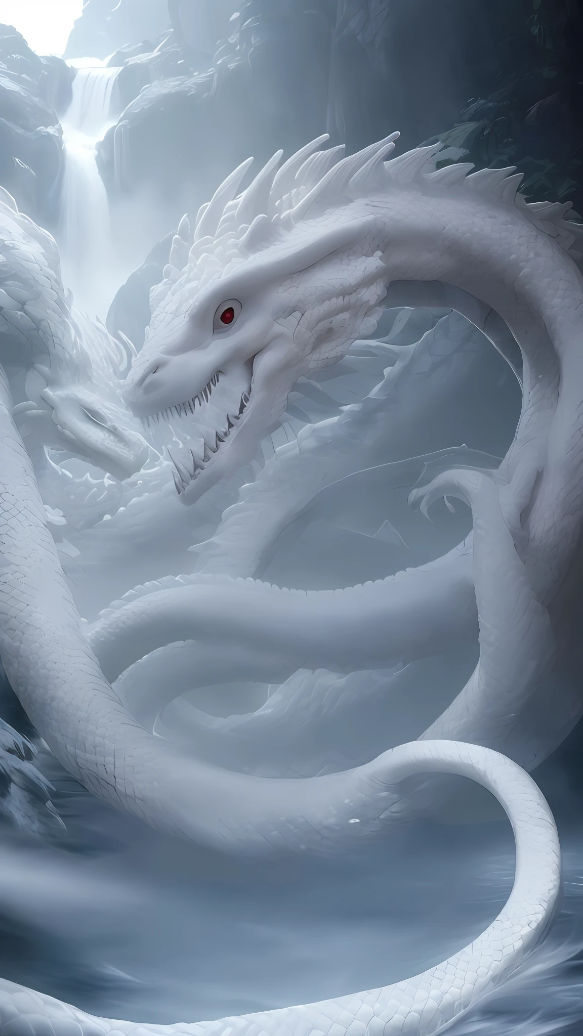 RAW photo, a white dragon, body coiled together, snake head facing the lens, wearing white robe, full body, front, portrait, real world, highest quality, DSLR, fixed focus, contour light, cold light, chiaroscuro, waterfall background, splash, Tyndall effect, cold light source, large contrast, large depth of field,