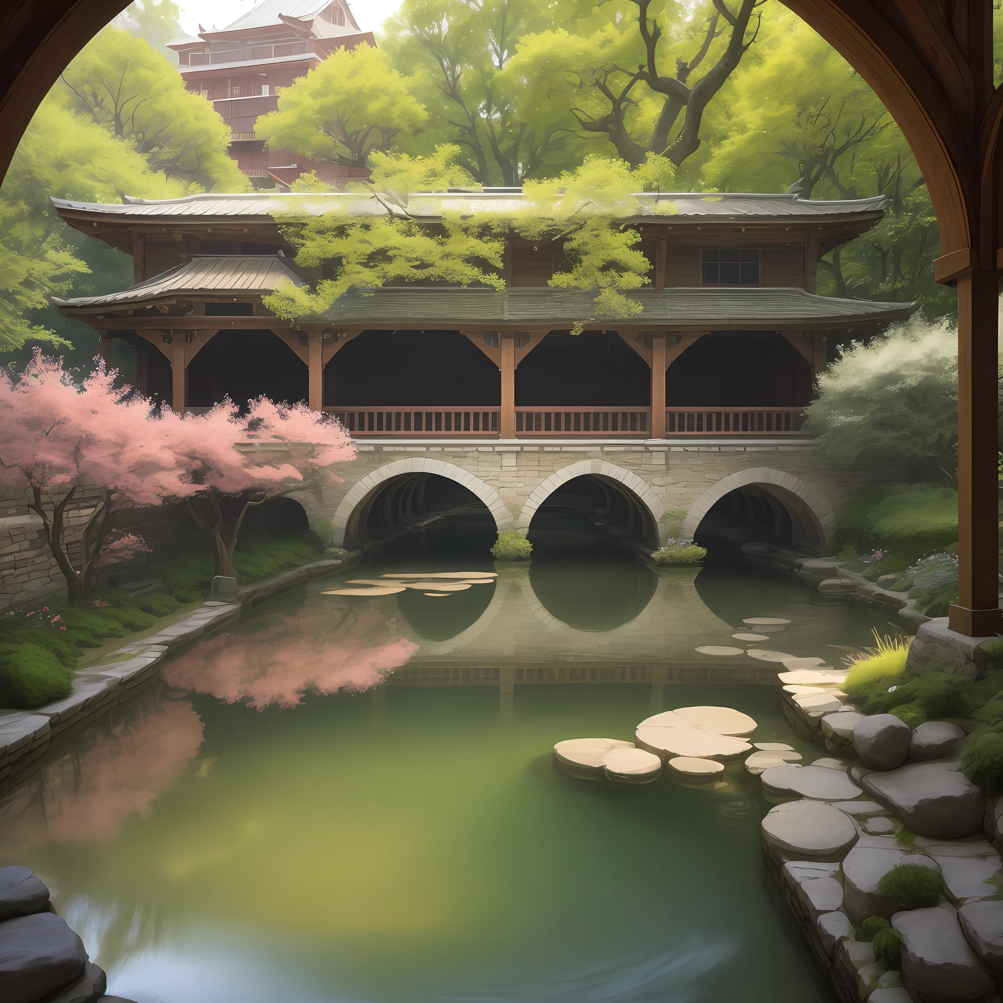 In the antique building, at the center of the fan sits a beautiful woman, wearing a loose robe with a pair of small white boots underneath, and a small wooden table with a delicate little red umbrella hanging from the table. The courtyard is surrounded by a few plane trees, the shadows of the trees, a blooming peach blossom by the bluestone road, and a clear stream flowing under the bridge
