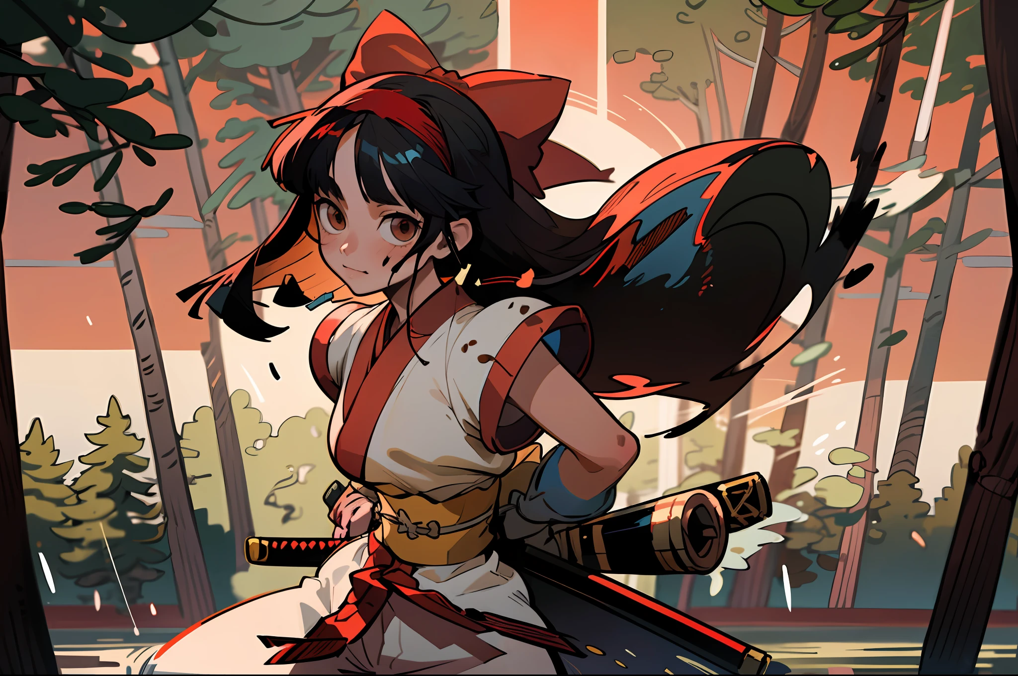 masterpiece, best quality,1girl, red bow, bow, long hair, hair bow, ainu clothes, solo, hairband, black hair, fingerless gloves, short sleeves, gloves, sash, pants, bangs, red hairband, weapon, breasts, brown eyes, white pants, japanese clothes, nakoruru, light smile, officials art, good composition,m, detailed portrait, portrait, bokeh, forest with river, sun behind back, pencil style, traditional brush, samurai, onmyoji style, high resolution, dramatic lighting and shadow, sun flared, blurry foreground, blood plashing around, looking at viewer, hands behind back, arms behind, hands not in view, face shading