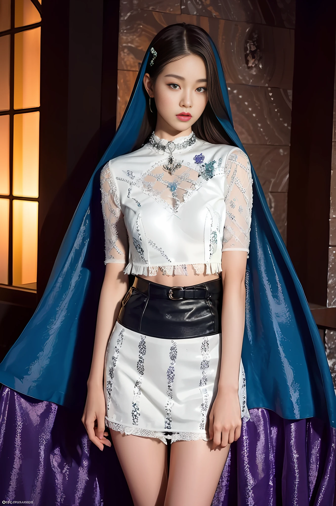 FRW, Very detailed CG Unity 8k wallpaper, a cute 18-year-old cute blonde Polish woman, a beautiful girl, a wonderful goddess, hot maiden, big breasts, blue eyes, pale skin (a masterpiece, beautiful person, well detailed face polluted smile, photorealistic, hyperrealistic), white cold clothes, fuzzy white cap, white blouse, wearing white gloves, rubbing hands warming up in a snowy street (blue open sky),  and smiling (light lighting).