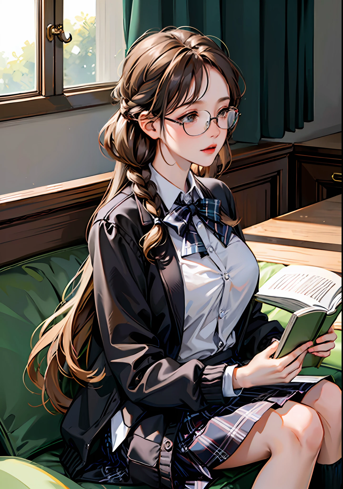 (8k, RAW photo, high sensitivity, best quality, very detailed hair, masterpiece, super high resolution, fidelity: 1.25) kr-pny, thin-framed glasses, front, double braids, split bangs, 1girl, school uniform, dark gray cardigan jacket, dark gray blazer, pleated skirt, plaid skirt, gray blonde hair, big breasts, golden round frame glasses, reading, shy and quiet girl, looking away, holding a book,