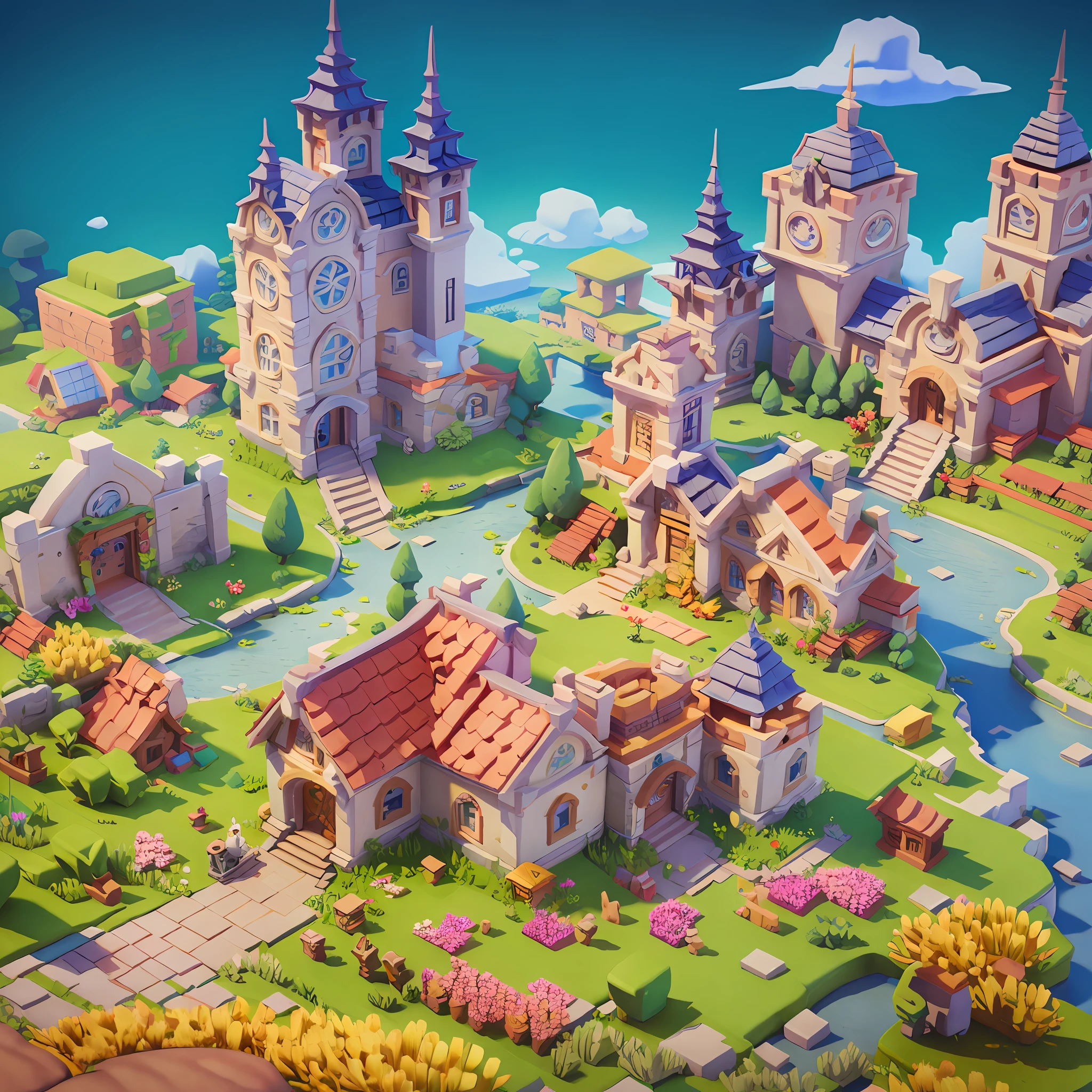 Game architectural design, cartoon, town, stone, brick, meadow, river, flowers, casual game style, 3d, blender, masterpiece, super detail, best quality