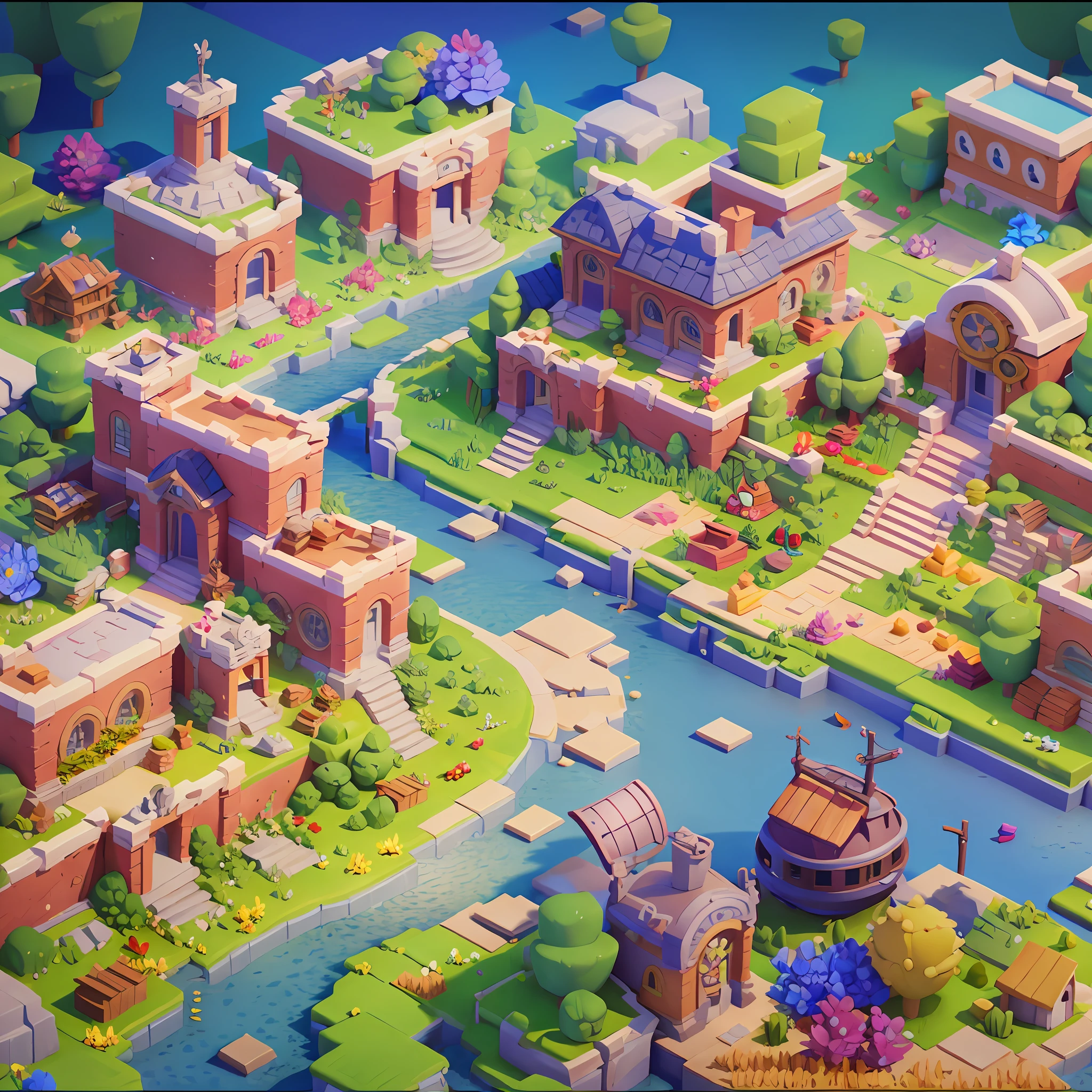 Game architectural design, cartoon, town, stone, brick, meadow, river, flowers, casual game style, 3d, blender, masterpiece, super detail, best quality