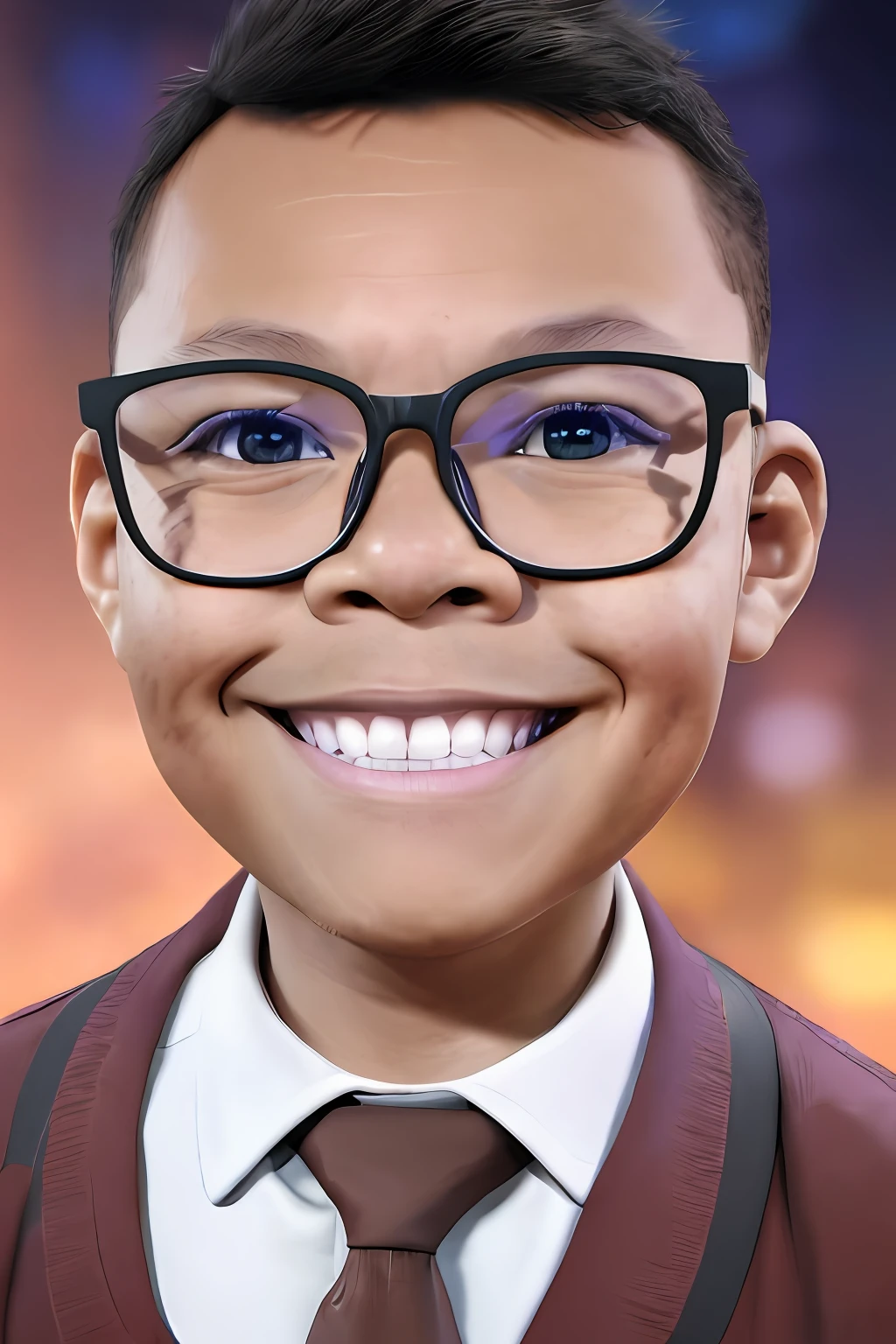 guttonerdvision3, drawing of a boy with 3 years old glasses, detailed face, light smile, social clothing and tie, dark brown eyes, half body, chibi style, in a television news environment, image cenyro, drawing by alex ross, unreal engine, 8k, background blur