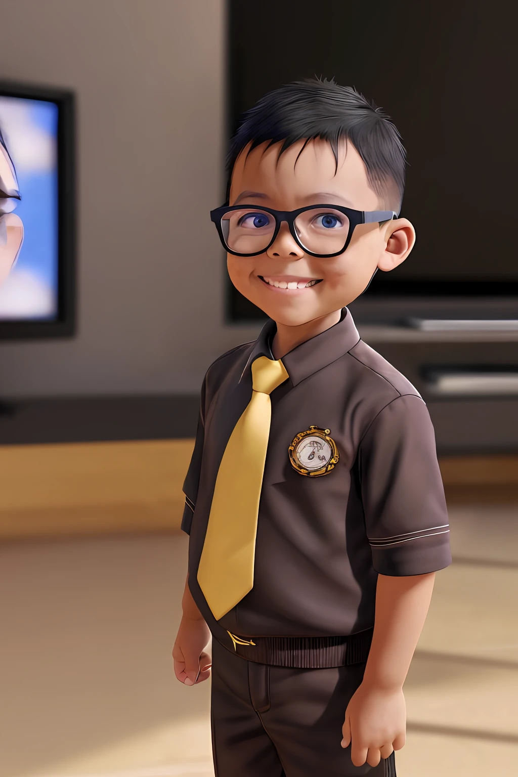 guttonerdvision3, drawing of a boy with 3  glasses, detailed face, light smile, social clothing and tie, dark brown eyes, half body, chibi style, in a television news environment, image cenyro, drawing by alex ross, unreal engine, 8k, background blur