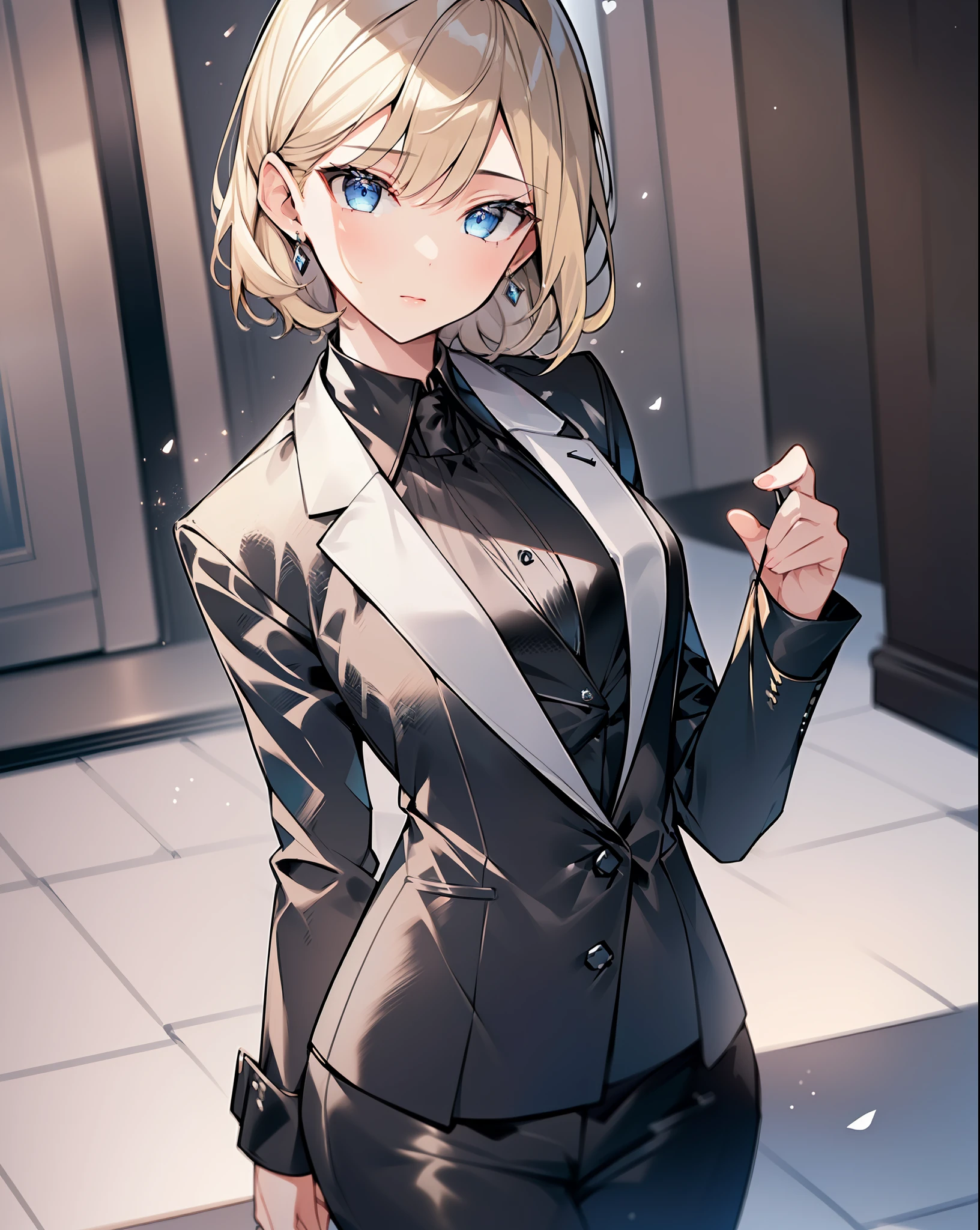 1female, best quality, highly detailed, masterpiece, ultra-detailed, (((black suit))), black tie, ((modern outfit)), (modern), solo, white background, delicate eyes, short hair, blue eyes, (blonde_hair:1.2), wariza, (((bored))), cinematic angle, fluttering clothes, night