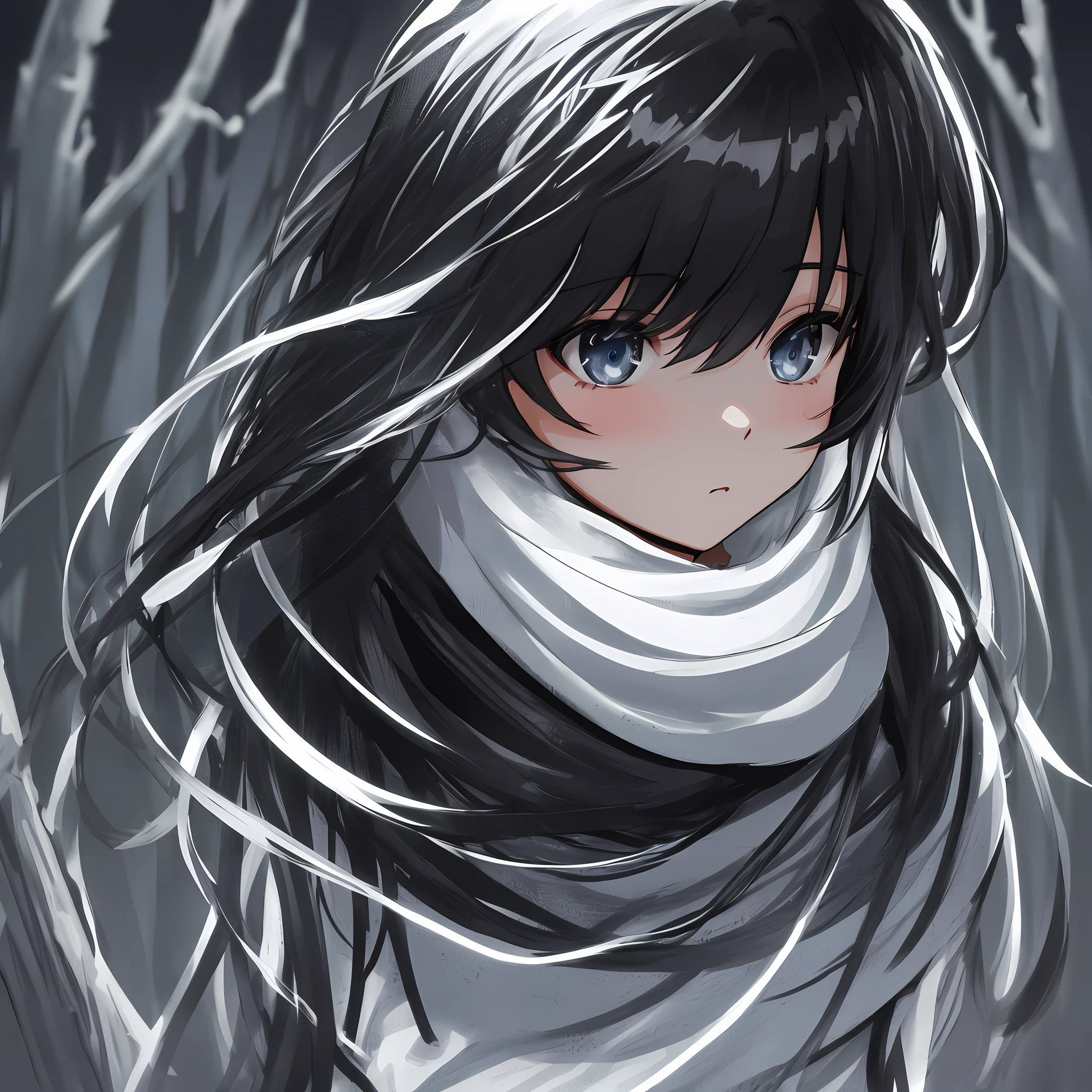Tight, bundled, 4K, a girl, long black hair, modern, in a forest, slim, tense, black and white gradient hair color