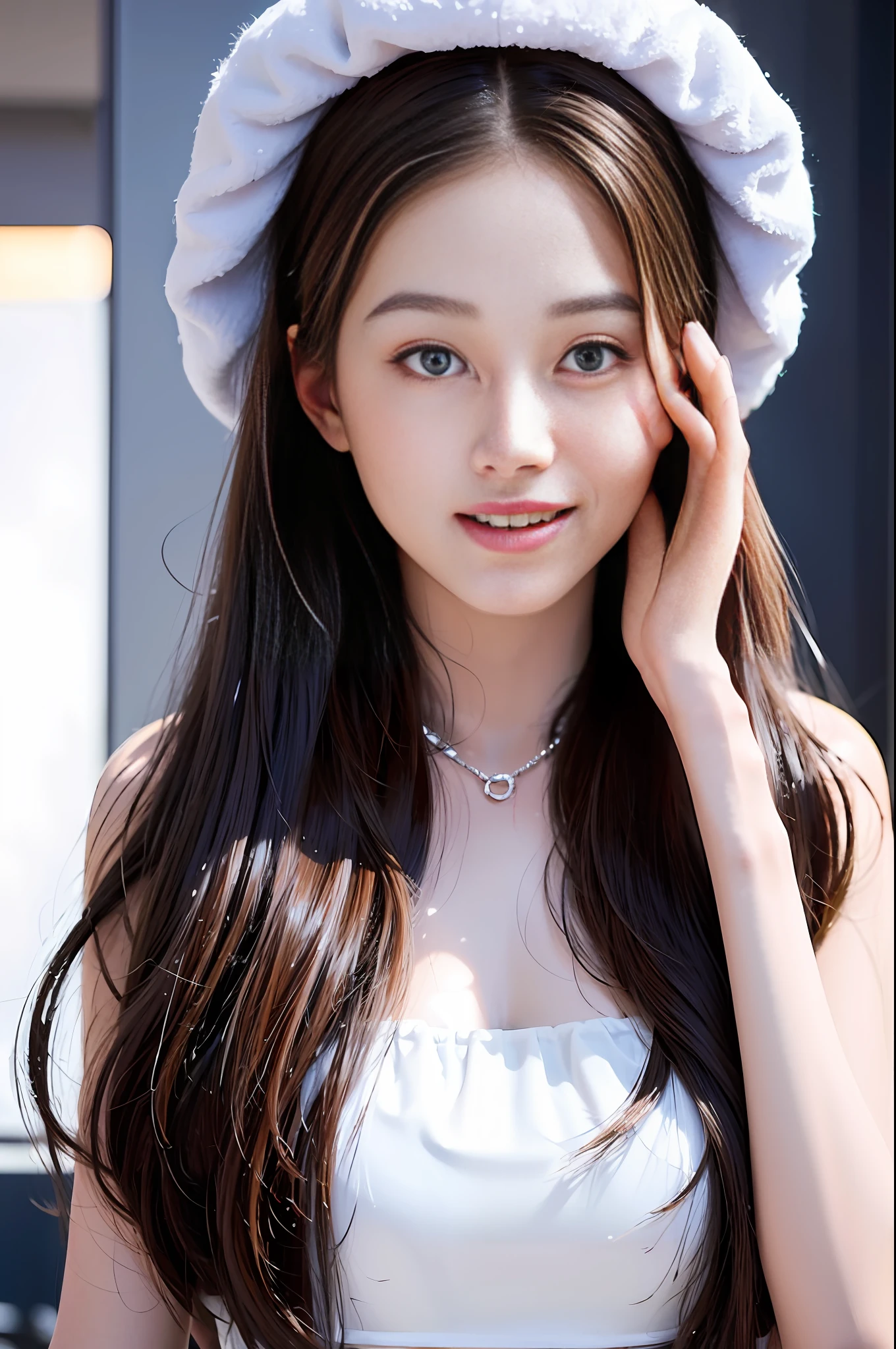 FRW, Very detailed CG Unity 8k wallpaper, a cute 18-year-old cute blonde Polish woman, a beautiful girl, a wonderful goddess, hot maiden, big breasts, blue eyes, pale skin (a masterpiece, beautiful person, well detailed face polluted smile, photorealistic, hyperrealistic), white cold clothes, fuzzy white cap, white blouse, wearing white gloves, rubbing hands warming up in a snowy street (blue open sky), and smiling (light lighting).