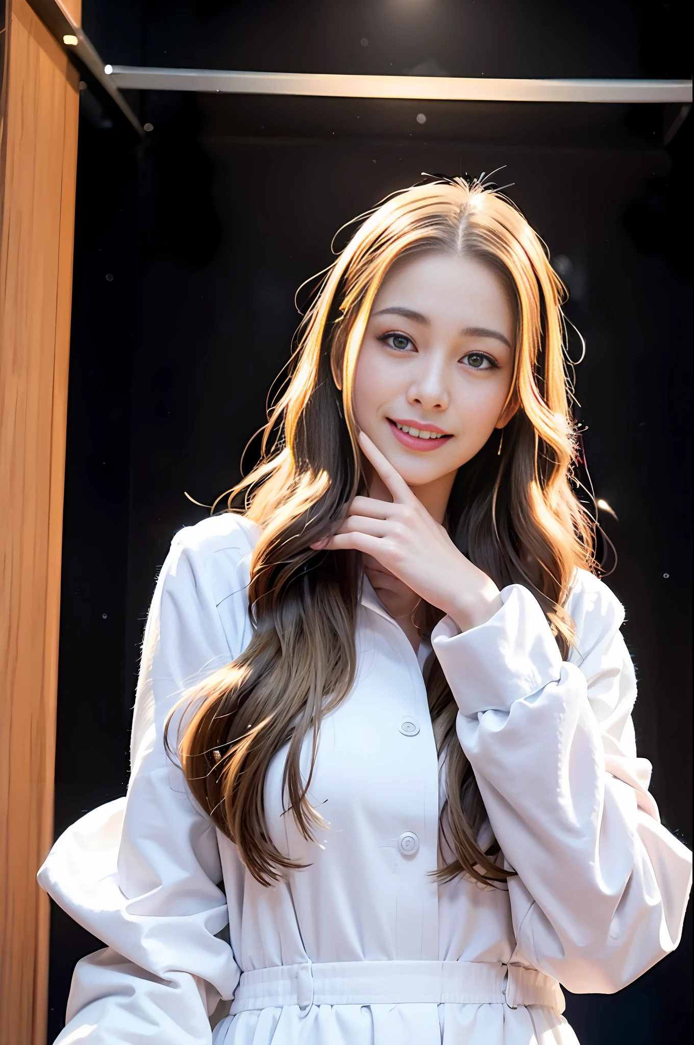 FRW, Very detailed CG Unity 8k wallpaper, a cute 18-year-old cute blonde Polish woman, a beautiful girl, a wonderful goddess, hot maiden, big breasts, blue eyes, pale skin (a masterpiece, beautiful person, well detailed face polluted smile, photorealistic, hyperrealistic), white cold clothes, fuzzy white cap, white blouse, wearing white gloves, rubbing hands warming up in a snowy street (blue open sky), and smiling (light lighting).