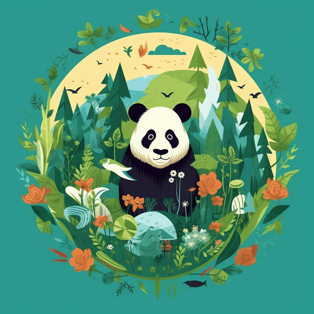Earth Day poster, flat illustration, super cute Chinese giant panda eating bamboo and tiger, lion, elephant in green spherical earth, trees, flowers, landscapes, blue, green, yellow, simple background, center composition, bright colors, light and shade contrast, ultra high detail, 4k, flat illustration