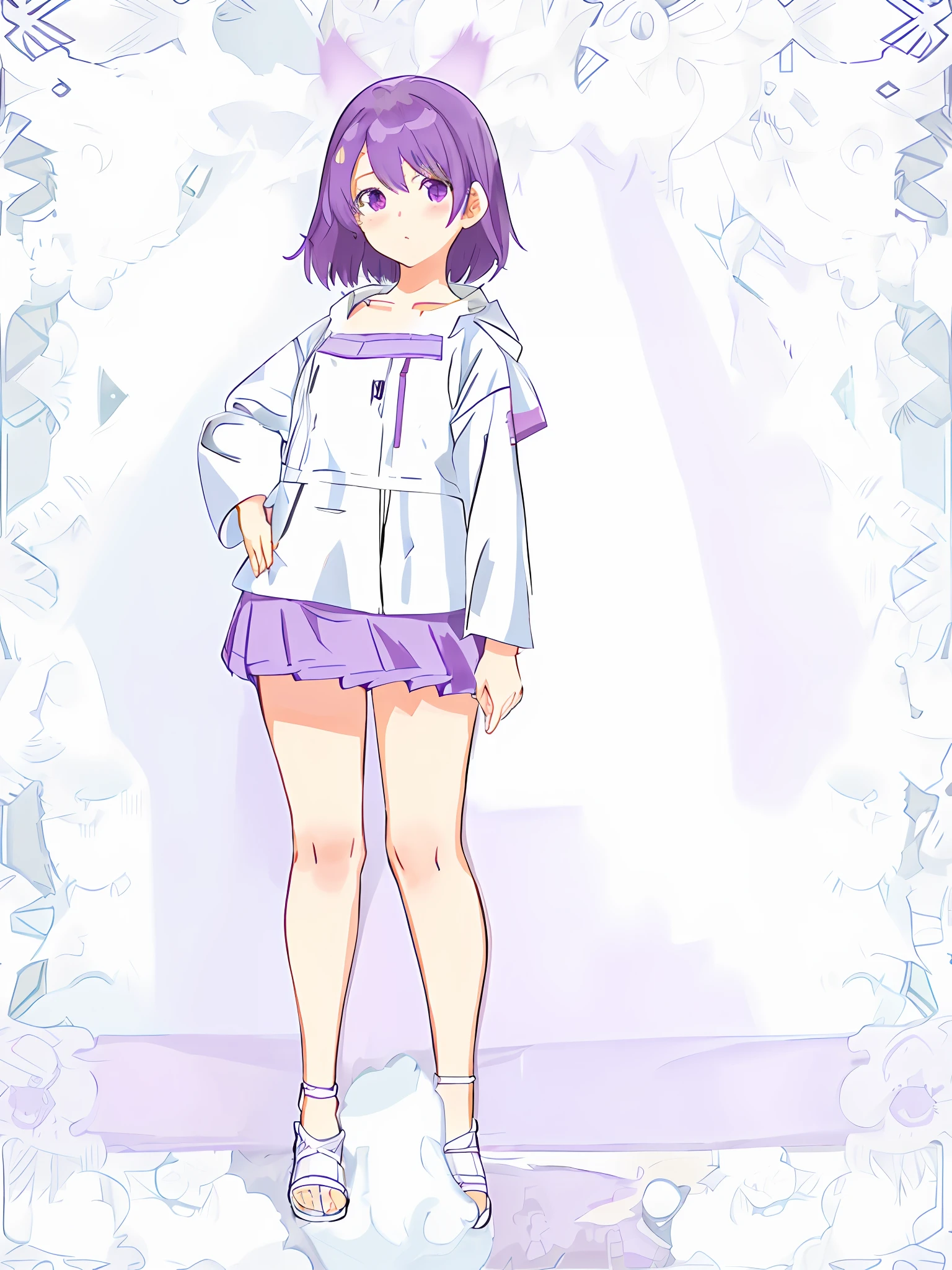 anime girl in a short skirt and jacket standing in front of a frame, full body portrait of a short!, anime moe artstyle, clear outfit design, !!full body portrait!!, anime full body illustration, full body!!, full body white purple cloak, white and purple, anime visual of a cute girl, rei hiroe, made with anime painter studio, outfit design