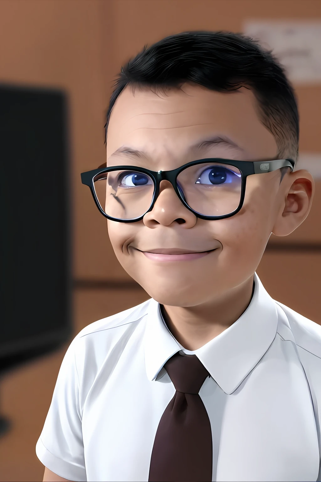 guttonerdvision3, drawing of a boy with 3 glasses, detailed face, slight smile, in social clothing and tie, dark brown eyes, full body, chibi style, in a television news environment, picture cenyro, drawing by alex ross, unreal engine, 8k, background blur