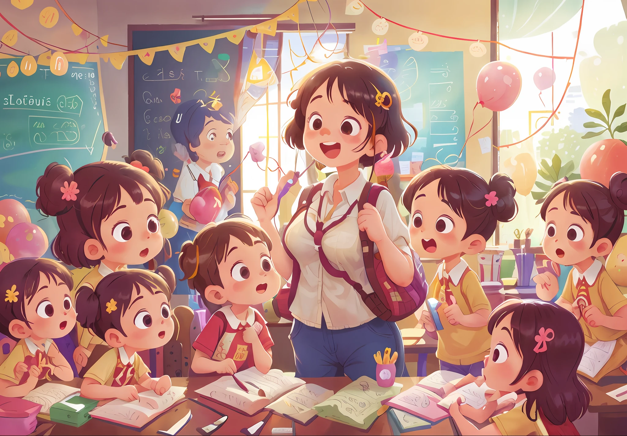 A beautiful teacher, classroom, many balloons, happy, happy, perfect quality, clear focus (clutter - home: 0.8), (masterpiece: 1.2) (realistic: 1.2) (bokeh) (best quality) (detailed skin: 1.3) (intricate details) (8K) (detail eyes) (sharp focus), (happy)