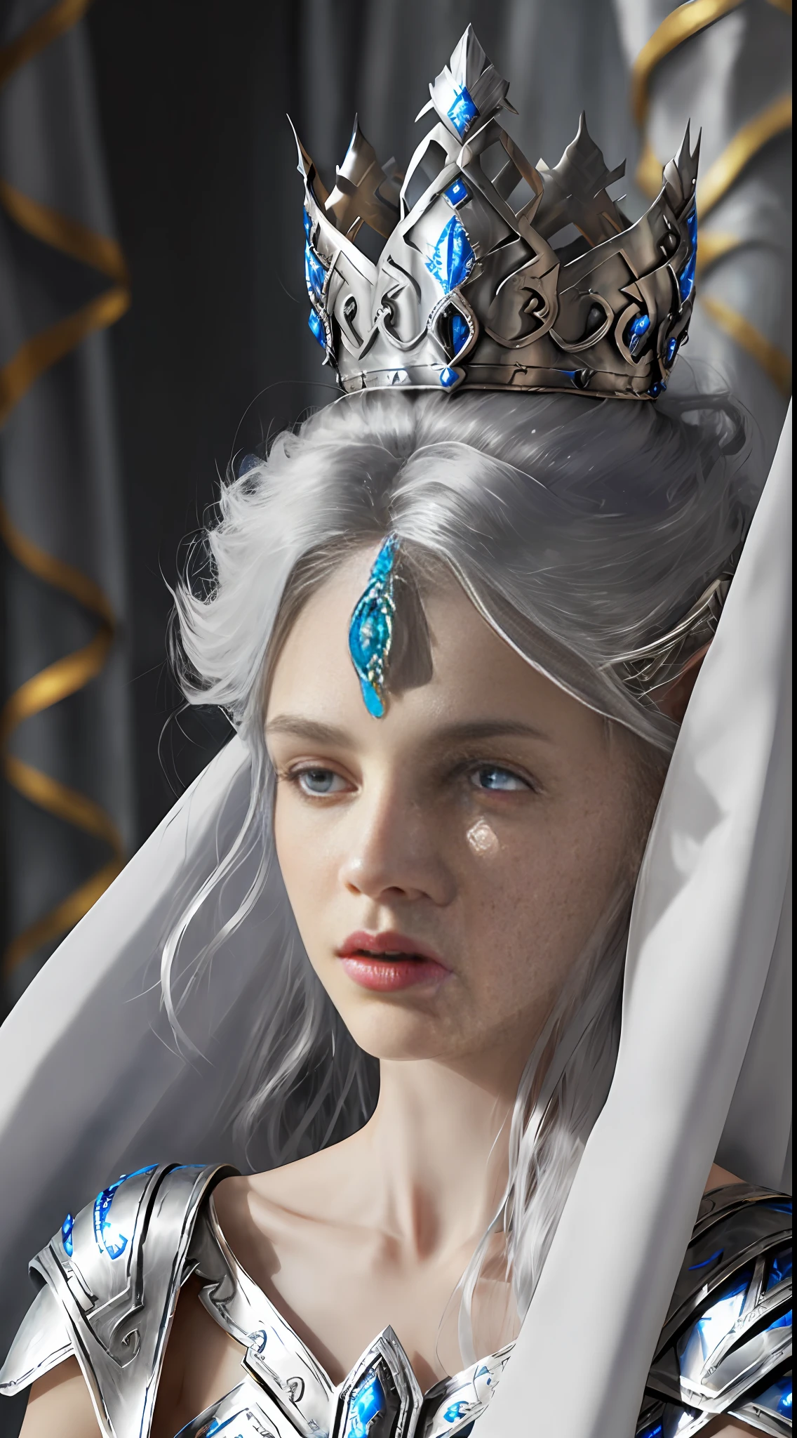 Silver crown, wlop, young girl, solo, small red lips, slender face, long white back combed hair, silver armor, metallic texture, white elf crown, gauntlet, shut up, white cape, blue eyes