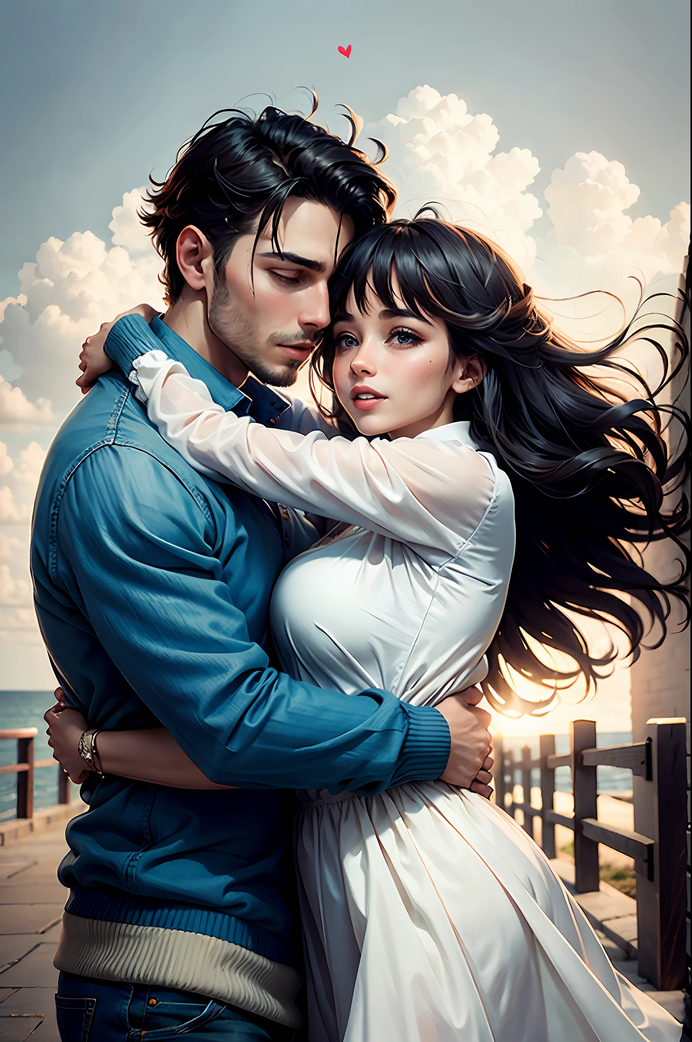 Romantic couple kissing in the classic wind