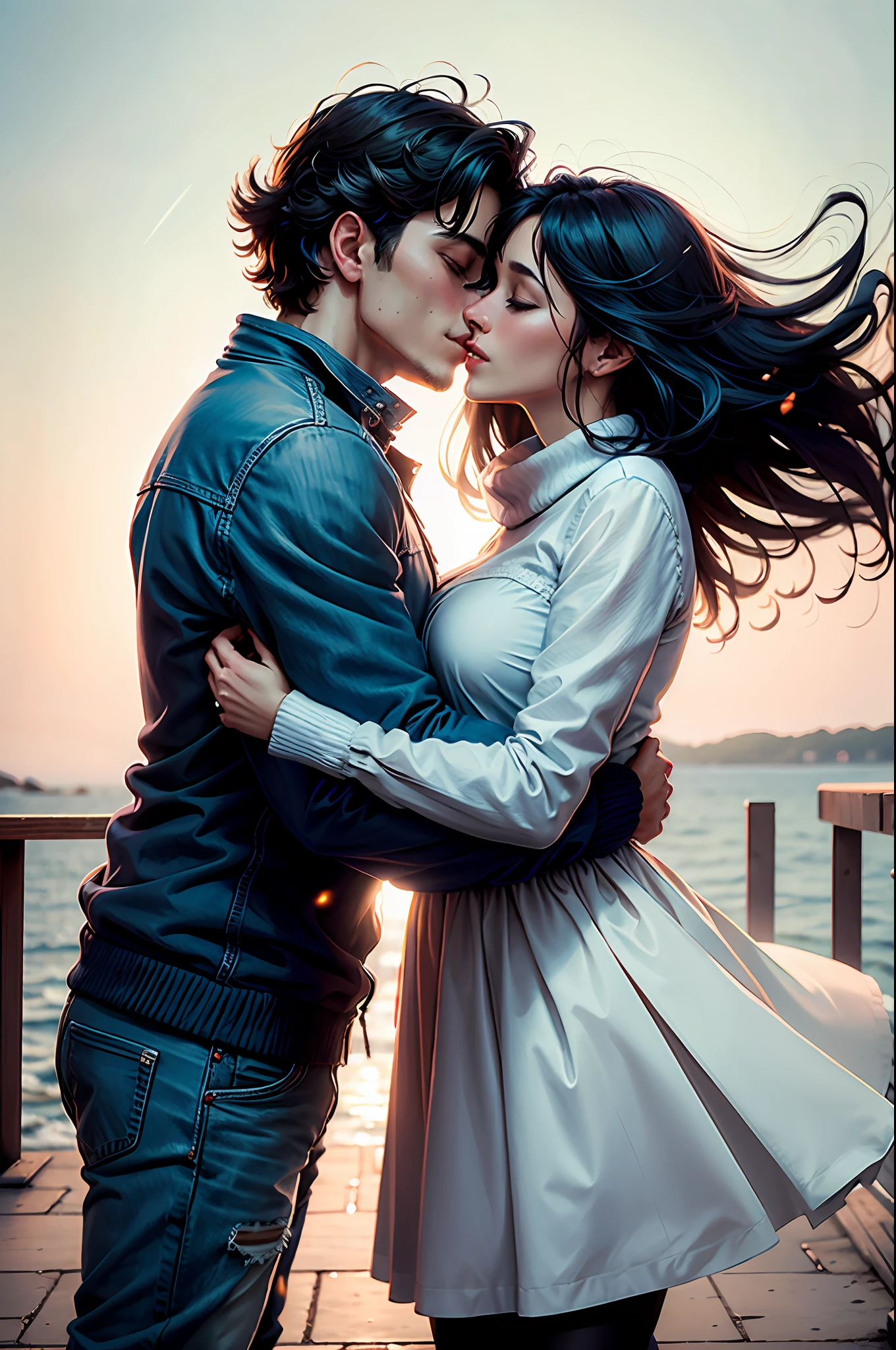 Romantic couple kissing in the classic wind
