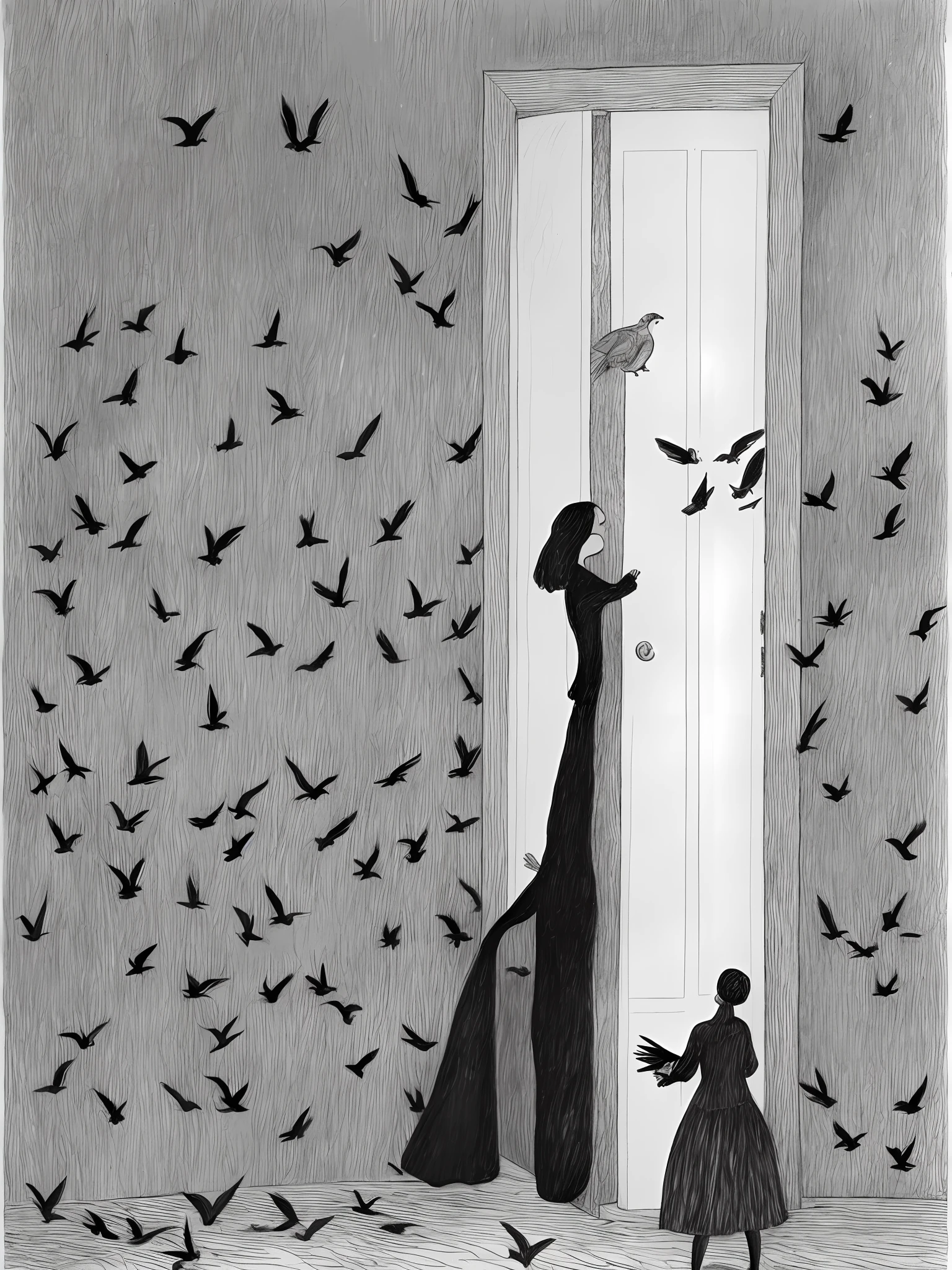 a drawing of a woman standing in front of a door with birds flying around her by Edward Gorey