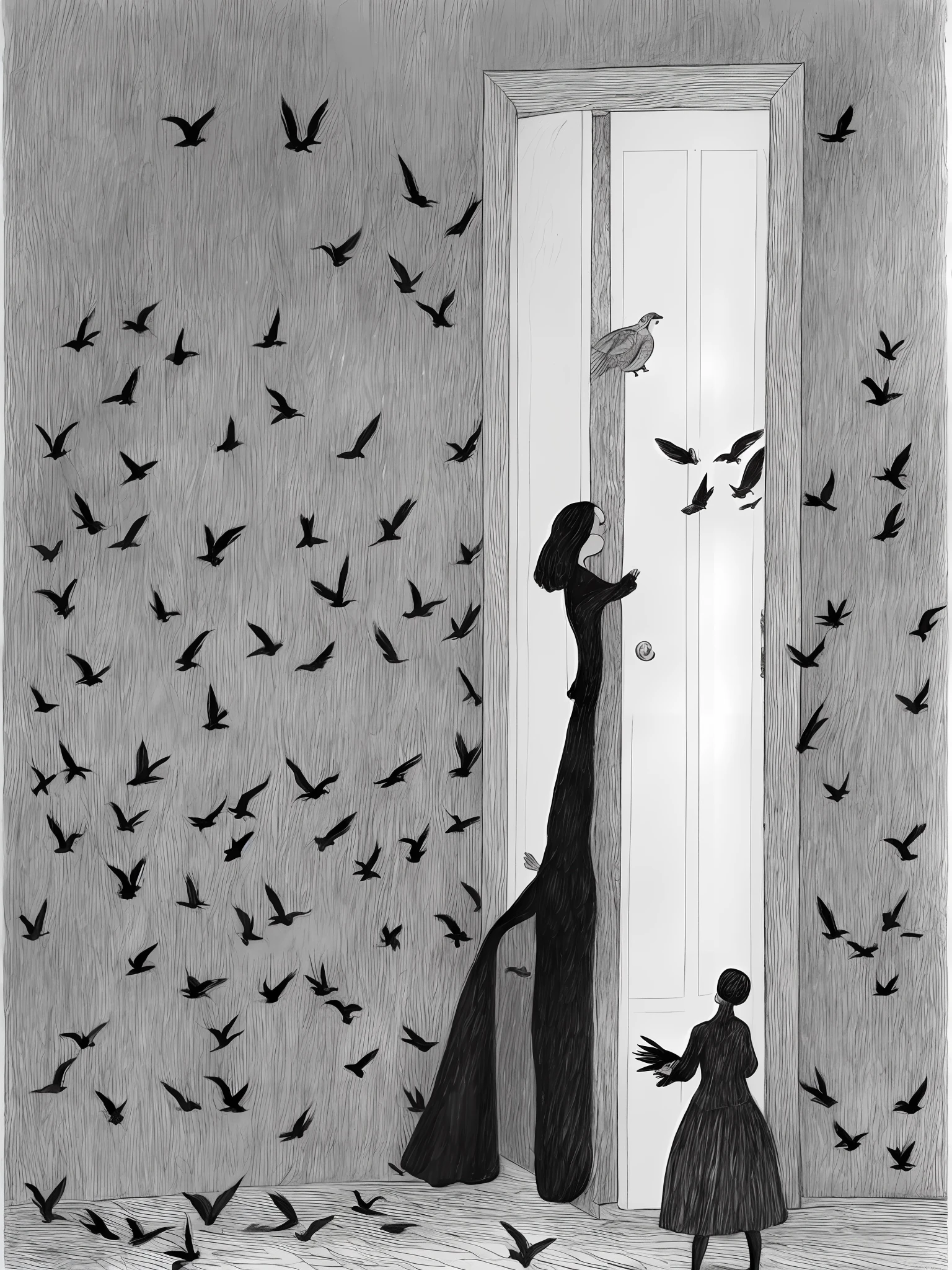 a drawing of a woman standing in front of a door with birds flying around her by Edward Gorey