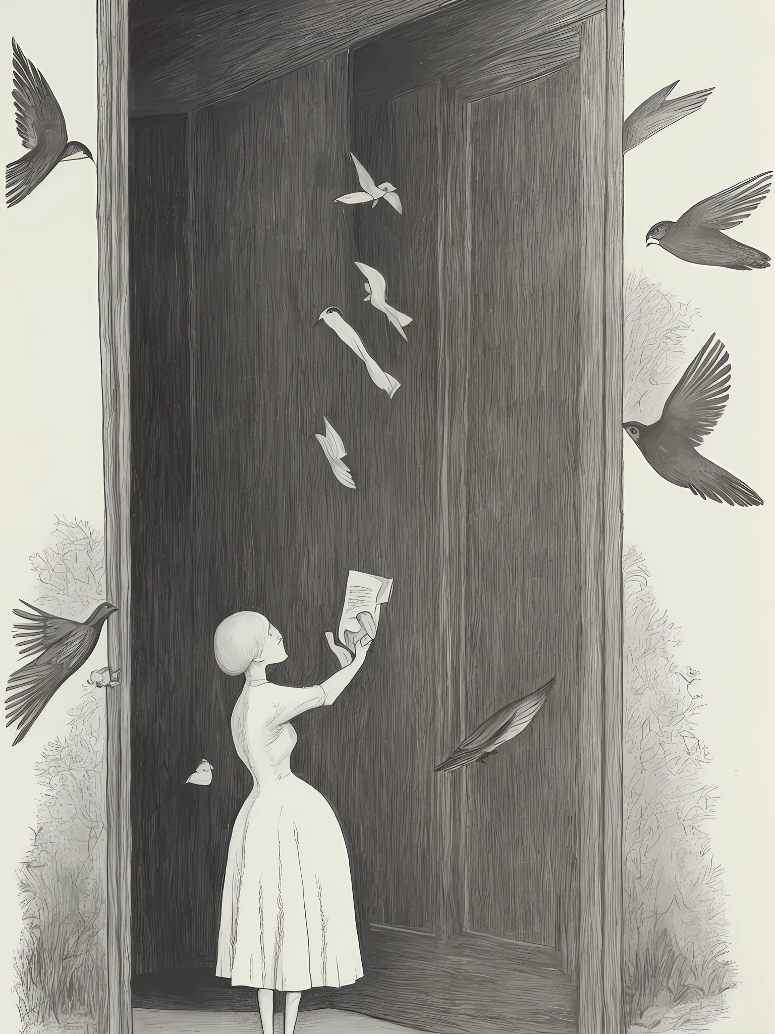 a drawing of a woman standing in front of a door with birds flying around her by Edward Gorey