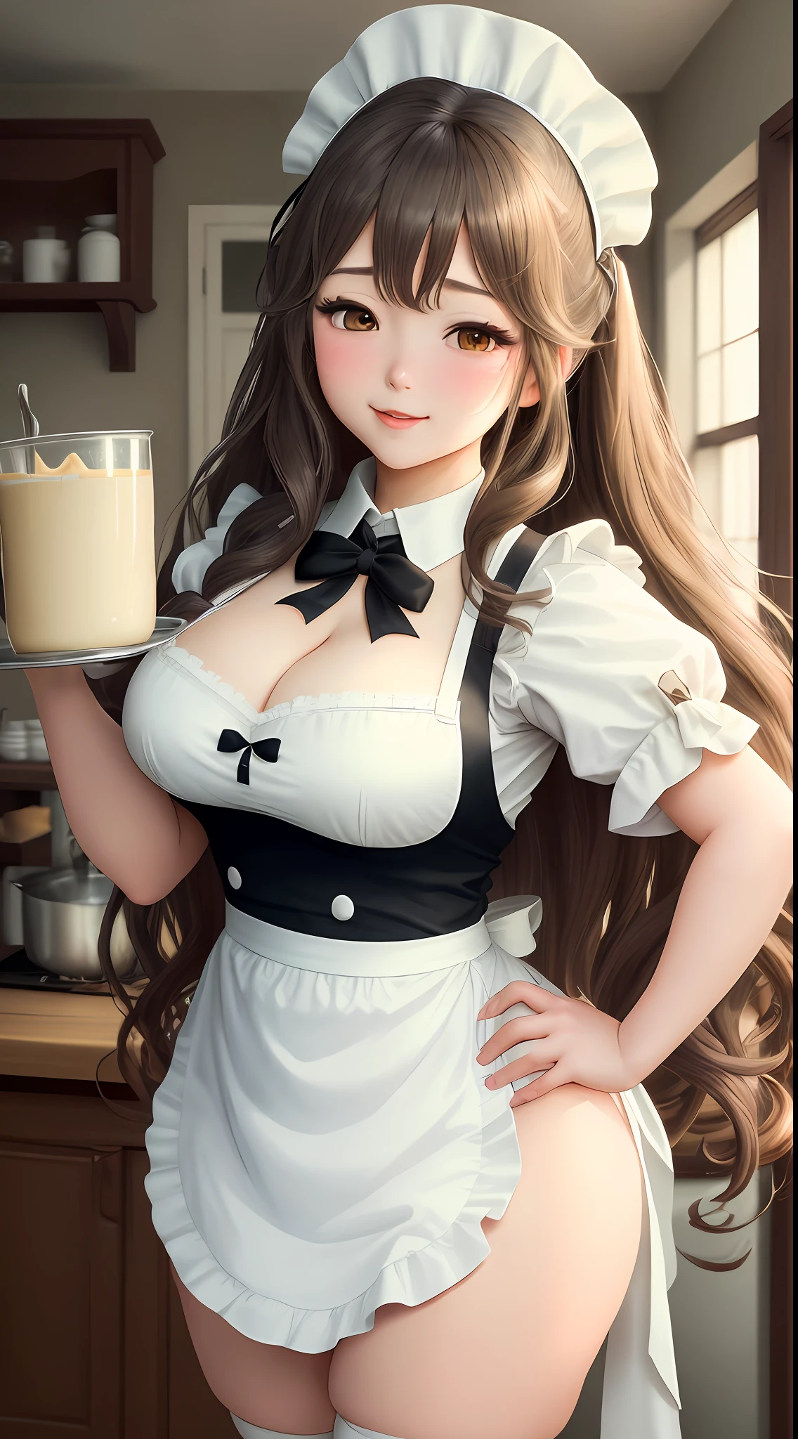 "An ultra-detailed, best quality masterpiece featuring a maid with long hair, large breasts, an ahoge and wearing an apron. The scene includes milk and mayonnaise, giving the artwork a unique and sensual touch."