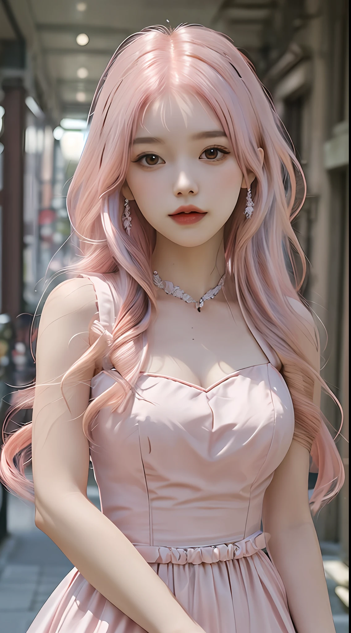 Best quality, solo, masterpiece, girl, upper body, pink hair, evening dress