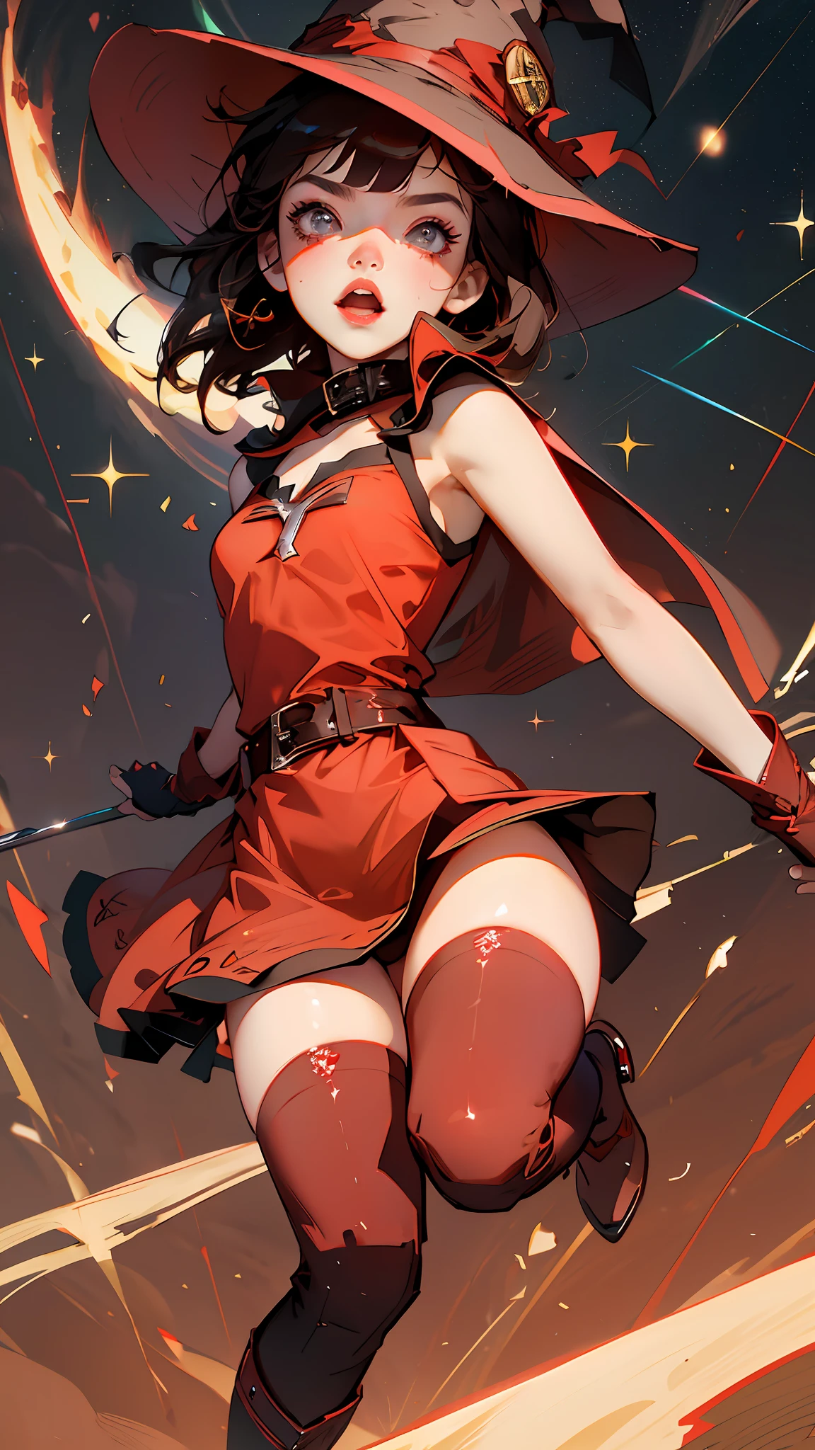 Megumin ((best quality)), ((masterpiece)), (detailed), ultra detailed, a girl, solo look, looking at the viewer, (interview: 1.3), beam, belt, black hair, brown hair, cape, collar, diffraction_spikes, dress, eyebrows visible through hair, fingerless gloves, gloves, glitter, glowing weapon, hat, megumin, open mouth, red dress, red eyes, short hair, small breasts, solo, personal witch hat, correct anatomy, masterpiece, best quality, (masterpiece), (best quality: 1.4), (ultra highres: 1.2), (hyper-realistic: 1.4), (photorealistic: 1.2)