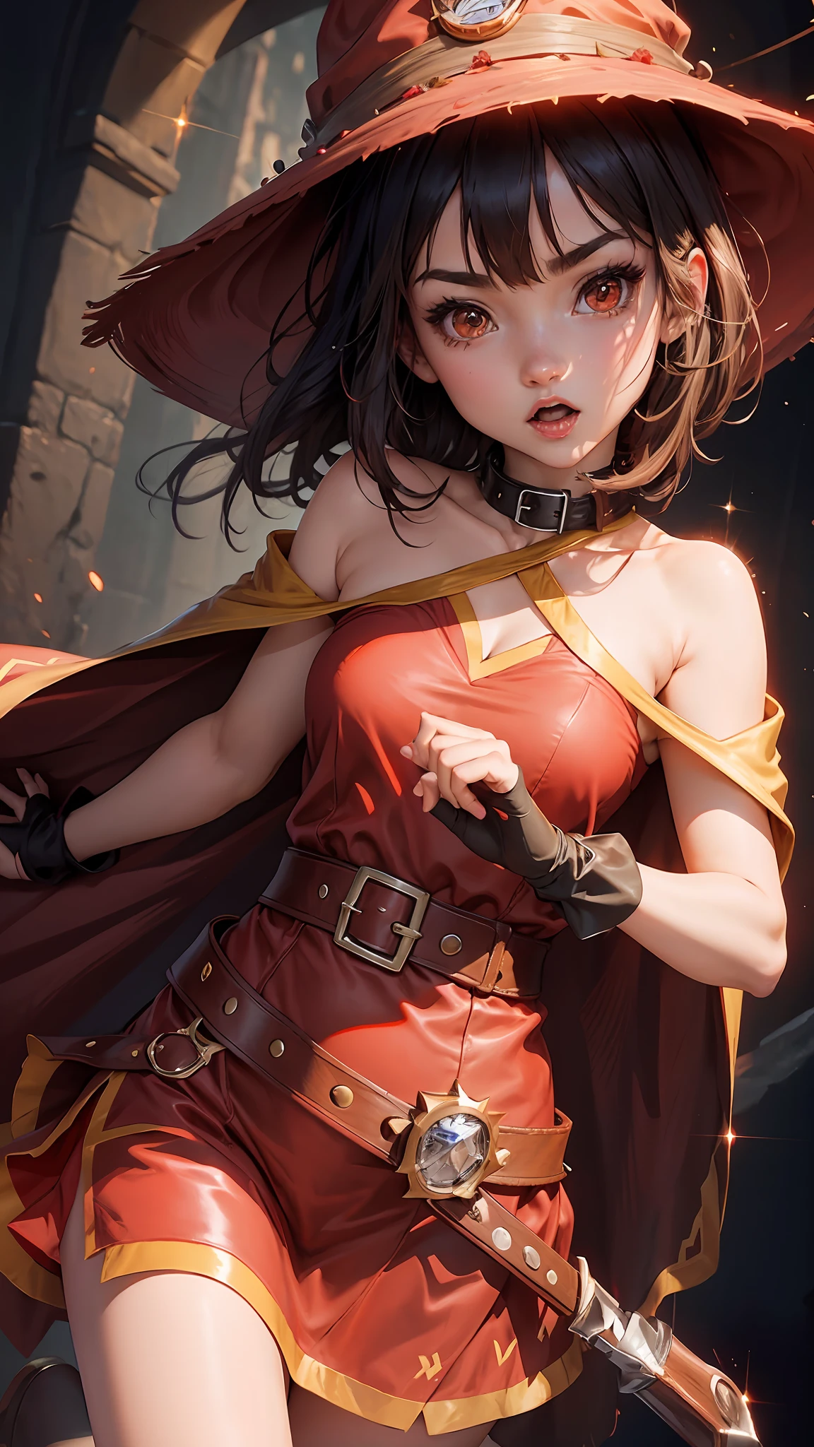 Megumin ((best quality)), ((masterpiece)), (detailed), ultra detailed, a girl, solo look, looking at the viewer, (interview: 1.3), beam, belt, black hair, brown hair, cape, collar, diffraction_spikes, dress, eyebrows visible through hair, fingerless gloves, gloves, glitter, glowing weapon, hat, megumin, open mouth, red dress, red eyes, short hair, small breasts, solo, personal witch hat, correct anatomy,  masterpiece, best quality, (masterpiece), (best quality: 1.4), (ultra highres: 1.2), (hyper-realistic: 1.4), (photorealistic: 1.2)