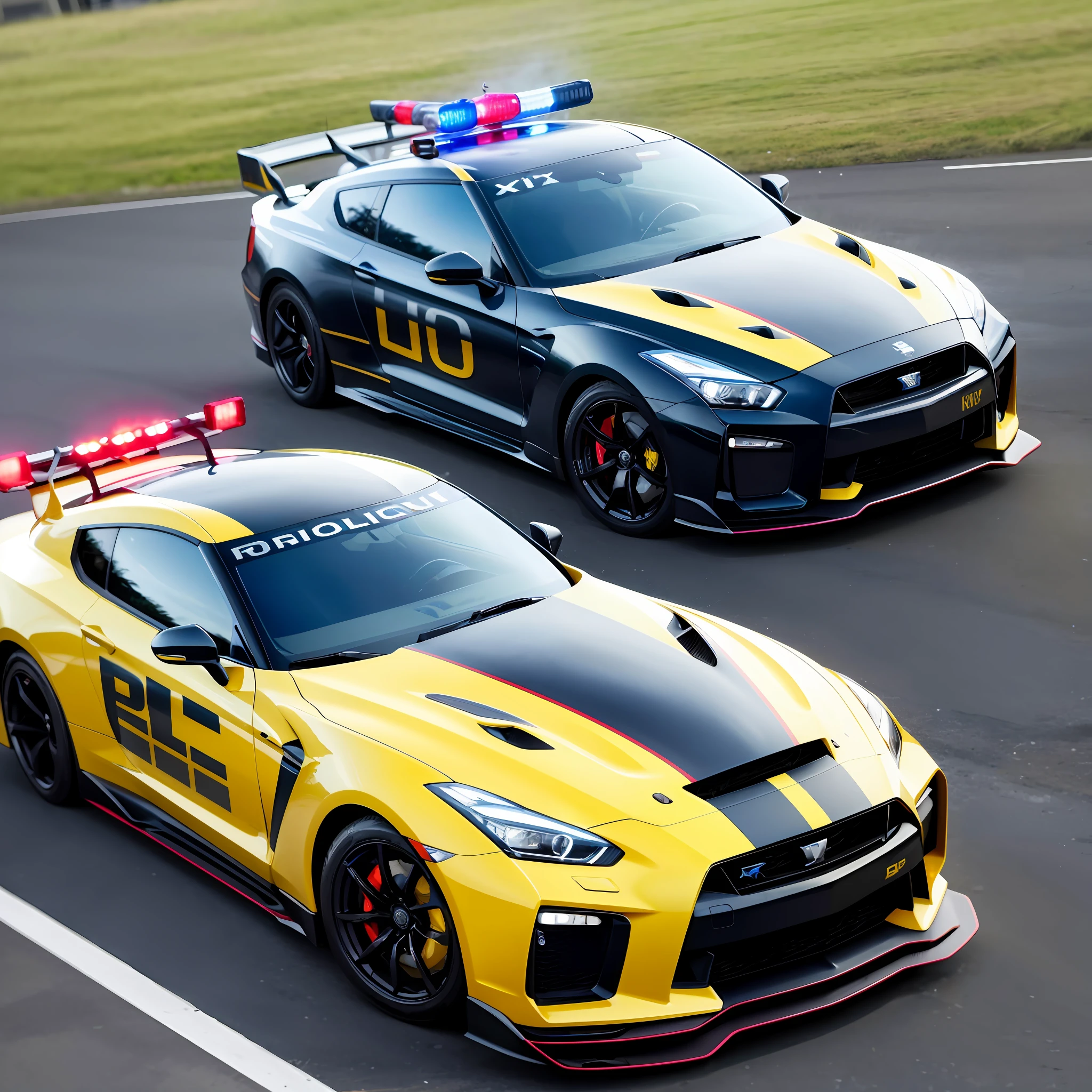 A police car parked on a race track with lights on, GTR XU1, police cars, —N 9, black and yellow scheme, a full wide shot, portrait n - 9, concept, 4K HQ wallpaper, the last interceptor V 8, full front side views, black and yellow and red scheme, 3840x2160