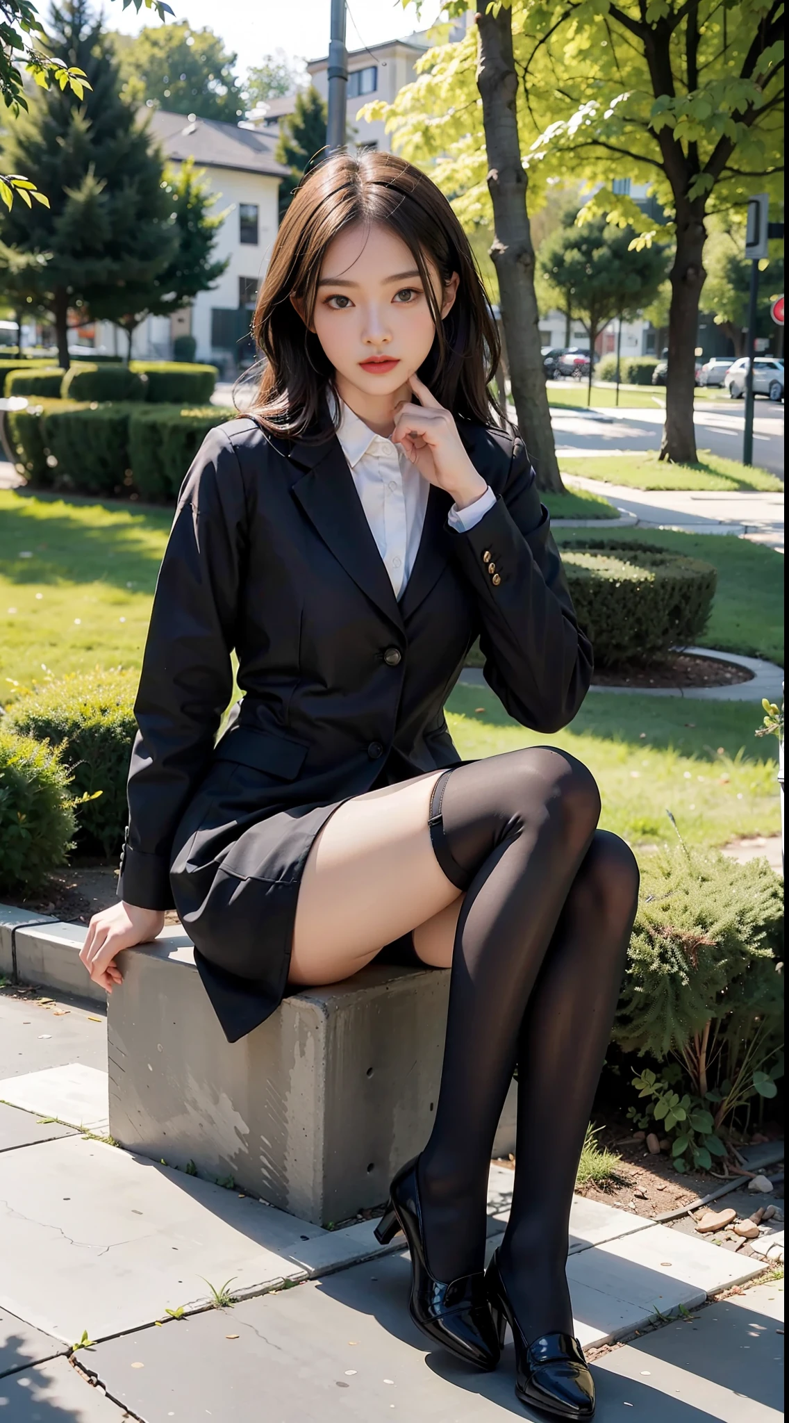 Best quality, full body portrait, delicate face, pretty face, 25 year old woman, slim figure, small bust, OL uniform, office clothes, black stockings, outdoor scene, sitting position
