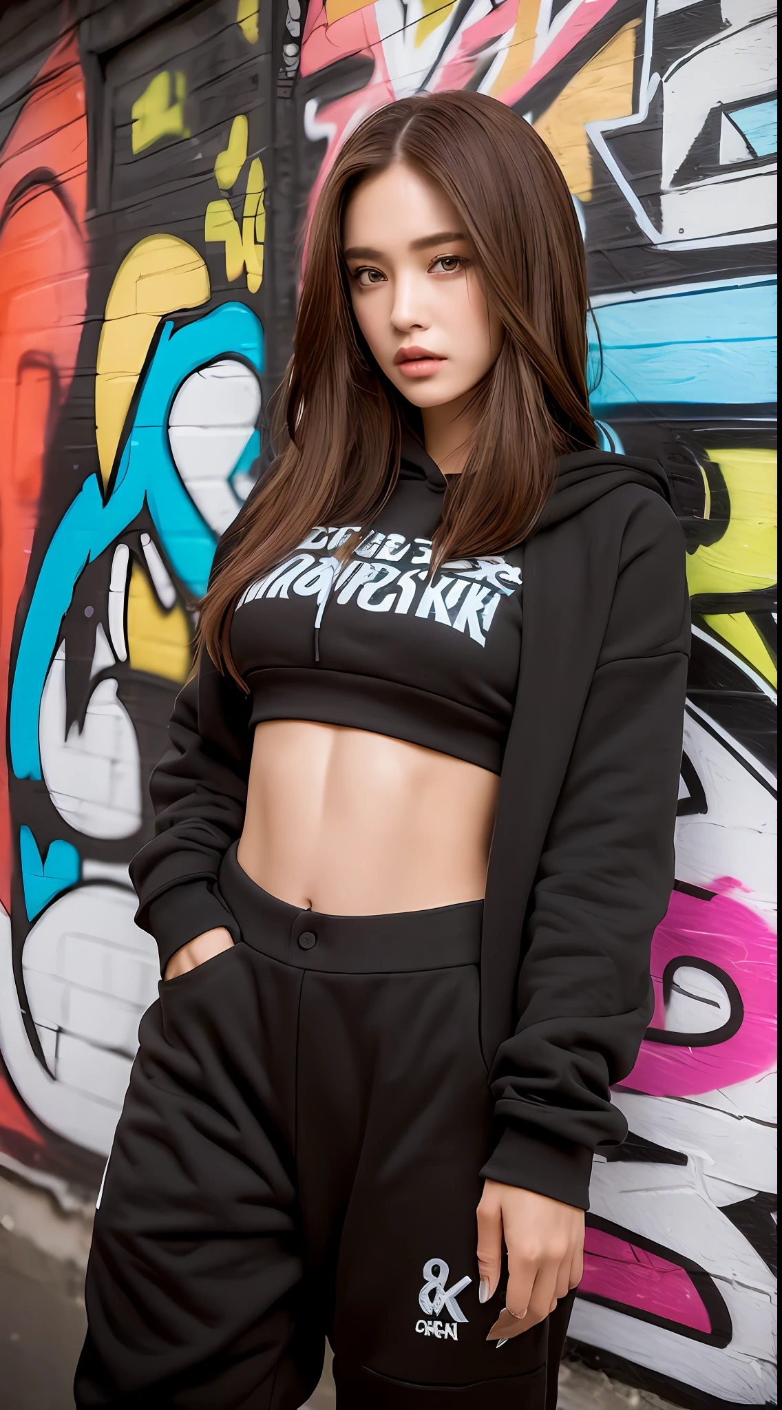 ((Best quality, 8k, Masterpiece :1.3)), Fashion photography, A tall and pretty woman, Perfect figure :1.4, Slender abs, Dark brown hair, Big breasts, Crop top covered by open hoodie, Pants, Sneakers, Graffiti art on wall, Highly detailed face and skin texture, Detailed eyes, Double eyelid